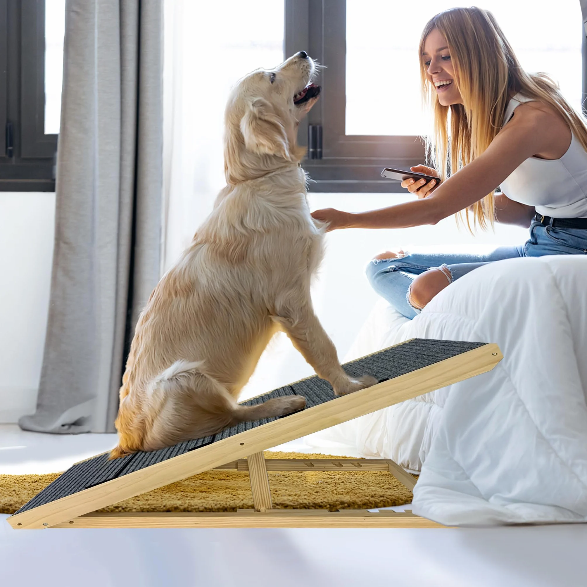 LZQ Escalera Plegable para Perros y Gatos - Portátil, Altura Ajustable, 100 cm de Largo - Escalera de Madera Con Alfombra Antideslizante para Cama