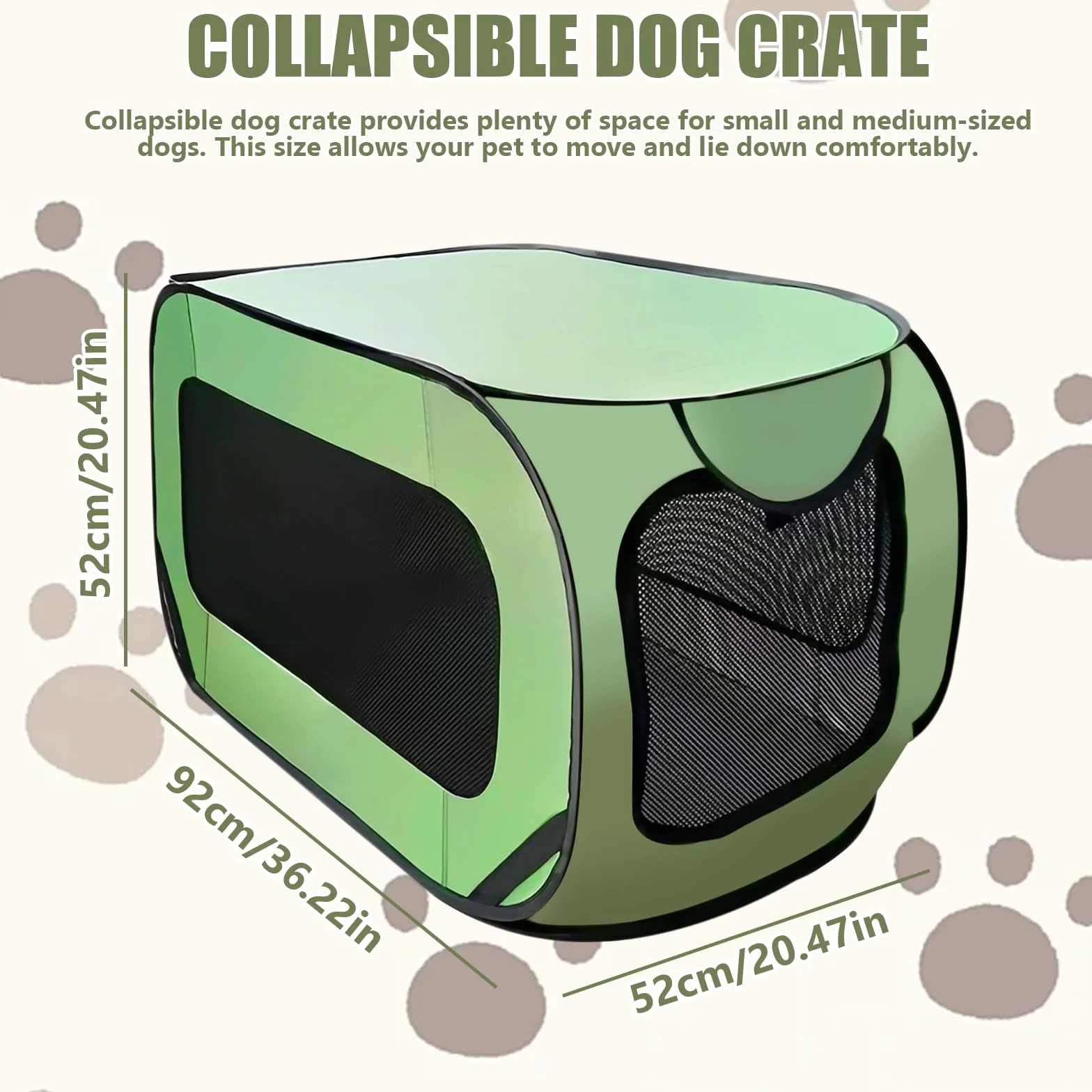 92 x 52 x 52 cm. Caja plegable para perros con marco de acero, caja de transporte para perros impermeable de tela Oxford con cremallera, caja de transporte para perros para interior y exterior,