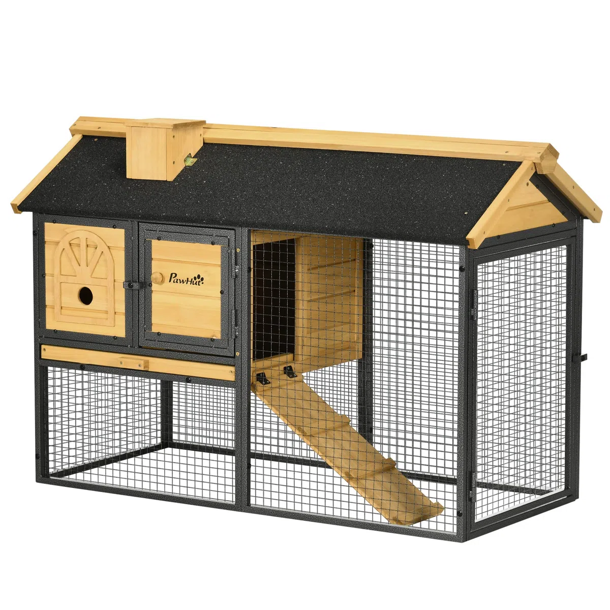 PawHut Conejera de Madera de 2 Niveles Jaula para Conejos con Zona Abierta Techo Asfáltico Bandeja Extraíble Puertas y Rampa Conejera para Exterior 120x55,5x80 cm Natural y Negro