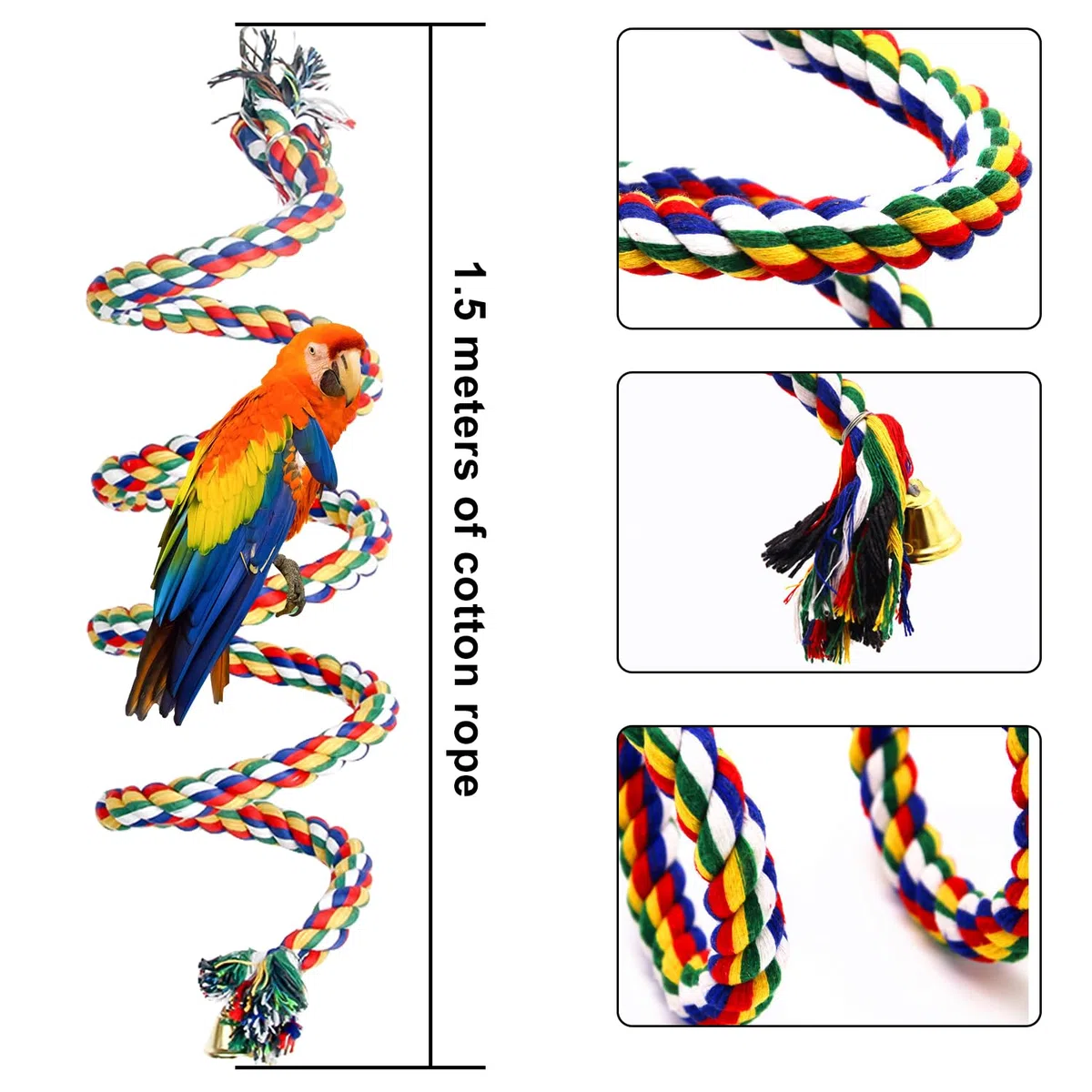 HOMURY 2 Paquetes Juguetes de Pájaro: 150cm Espiral Cuerda Columpio de algodón Cuerda para Escalar de PáJaros, 18 cm de diámetro Pájaro Colgante Perchas de Anillo para Loros, Juguetes para Loros