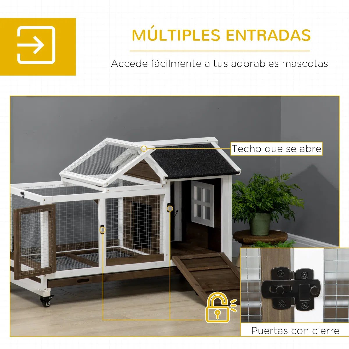 PawHut Conejera de Madera con Ruedas Jaula para Conejos con Techo Puede Abrir y Bandeja Extraíble Conejera para Interior y Exterior 108x58x73,5 cm Café