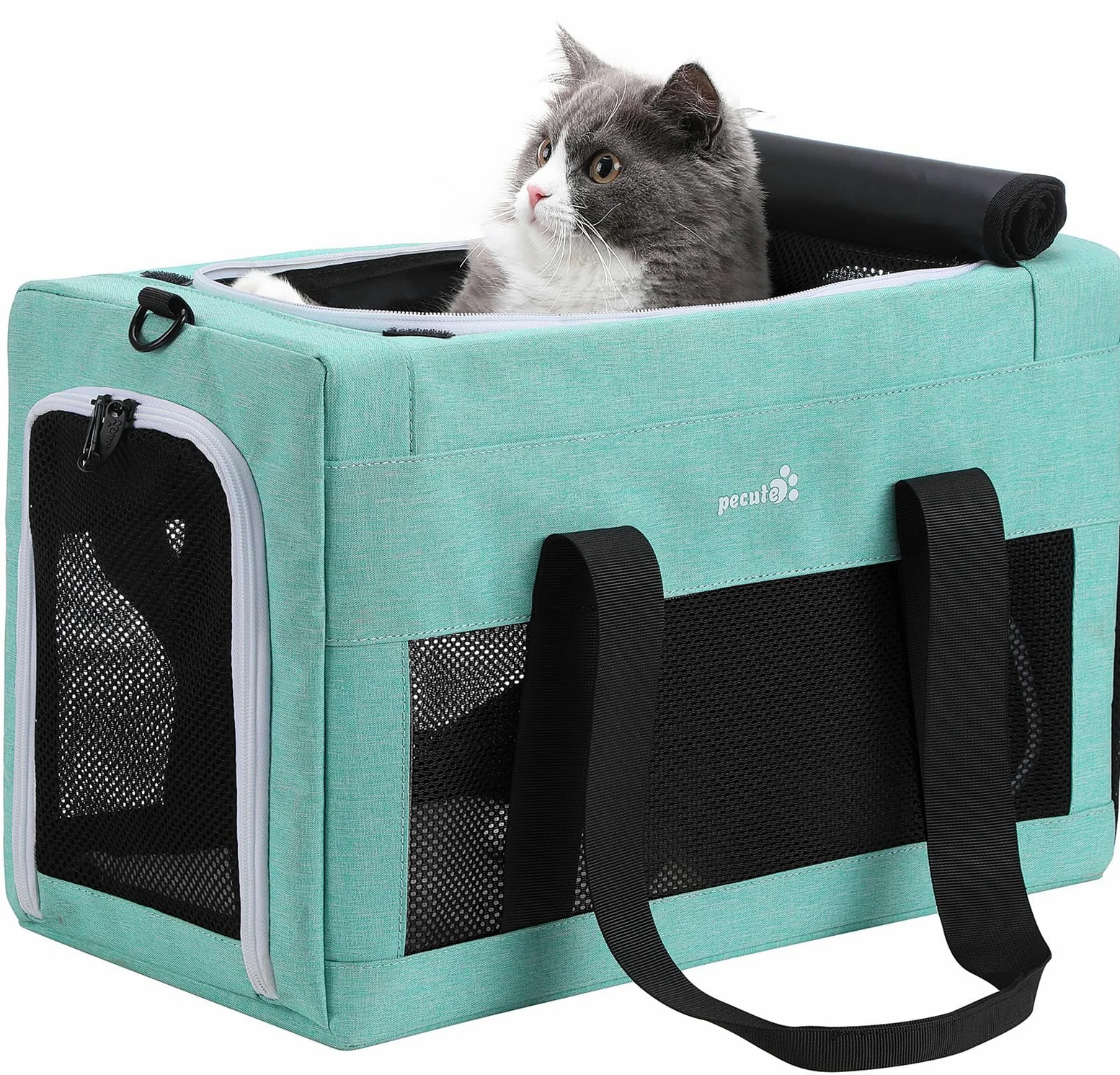 Pecute Transportin Gato Aviones permitidos, Estructura de Alambre de Acero Engrosado de 5 mm, Transportin Perro Pequeño con Parasol, Adecuada para Gatos y Cachorros de hasta 5 kg/11 Libras,Azul Lago