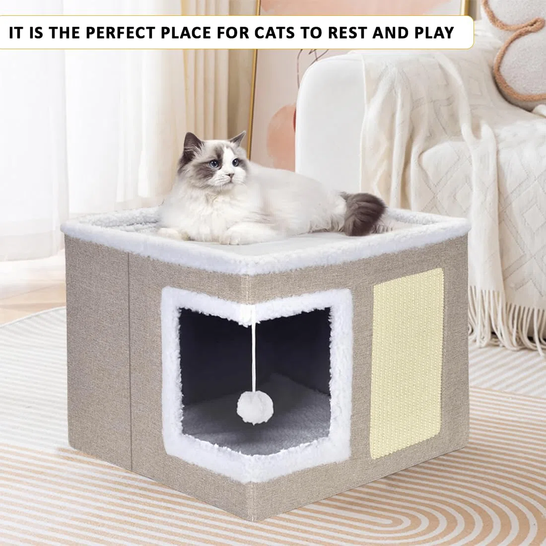 ERNAN Casa para Gatos Interior Plegable con Rascador, Cama para Diversos Estilos de Decoración del Hogar, para Pequeños Animales Interiores (Beige)