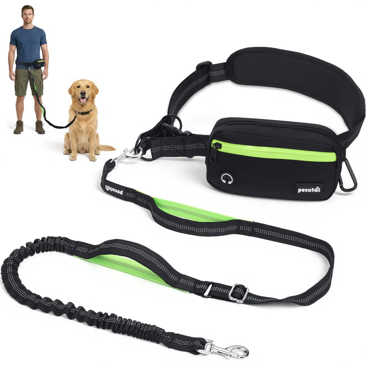 Pecute Correa Perro Cintura Manos Libres con Riñonera Impermeable, Correa Antitirones para Perros con Cuerda Elástica Amortiguadora, Doble Asa Reflectante para Correr Pasear Entrenar 15-55kg