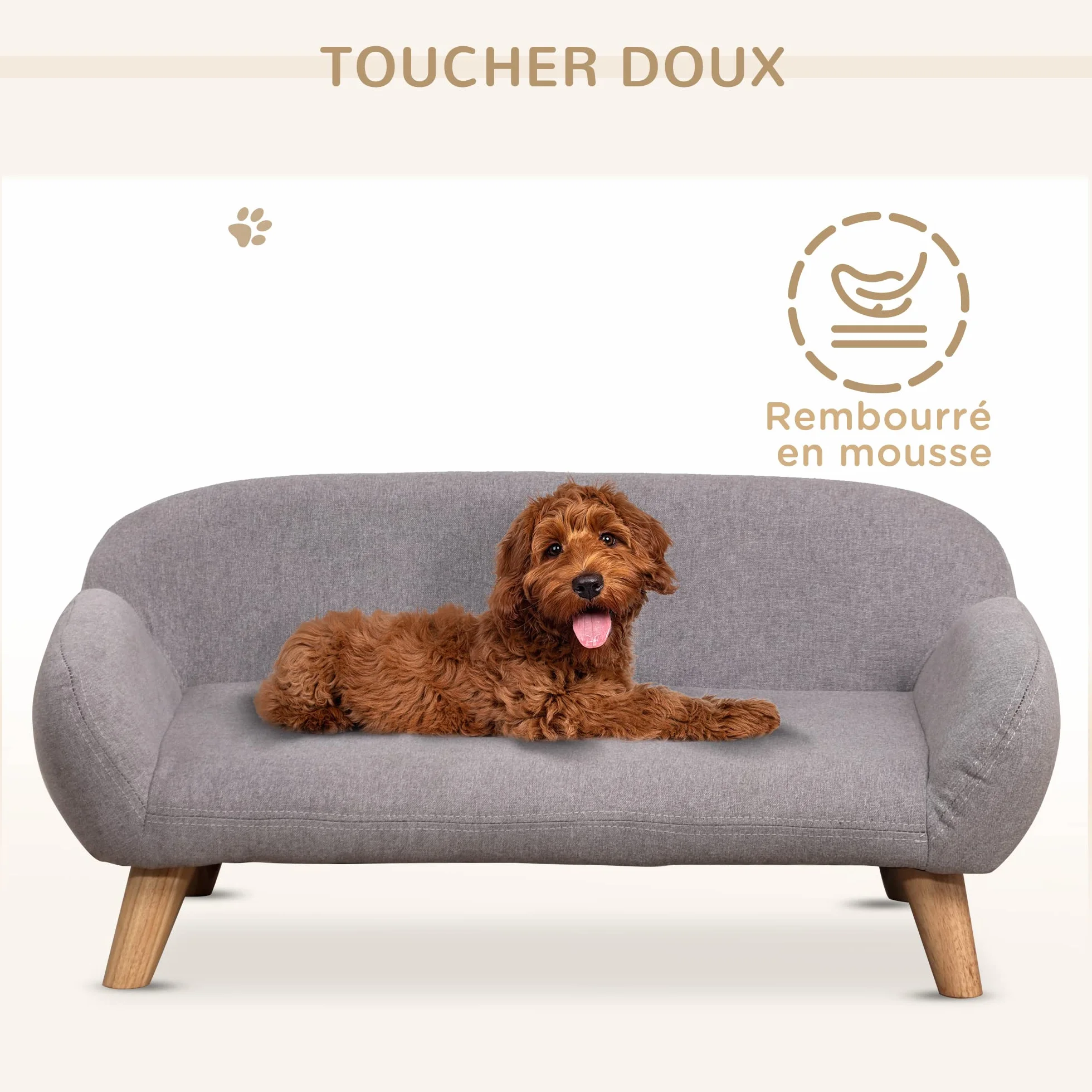 PawHut Sofá para Perros Sofá para Mascotas de Estilo escandinavo con Patas cónicas de Madera tapizado en Tela 72 x 44 x 31 cm - Gris