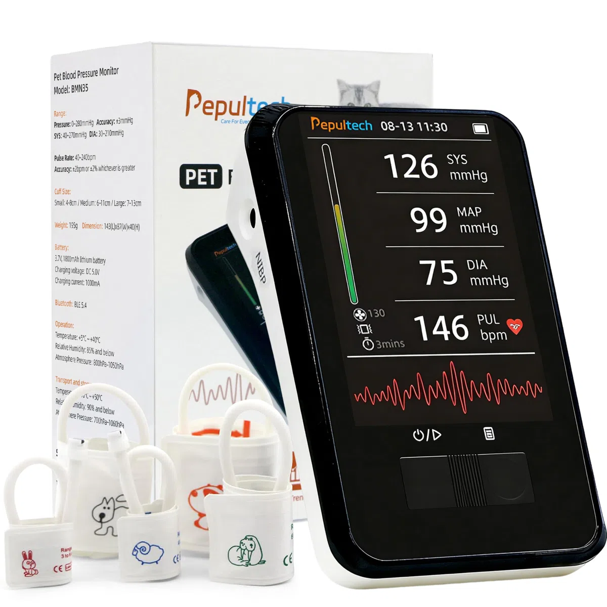 Monitor de Presión Arterial Veterinario, Máquina Digital Automática de PA para Perros y Gatos, Operación Silenciosa, Pantalla LCD de 3.5 Pulgadas y Memoria para 1000 Conjuntos de Datos
