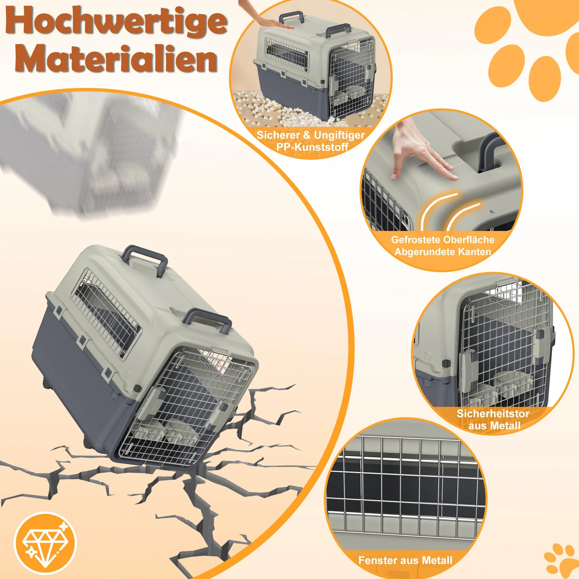 Froadp Transportbox para mascotas, perro, gato, caja de plástico PP, 67 x 51 x 58,5 cm, caja de transporte para gatos, caja de transporte para perros con ruedas, espaciador de orina y cuencos