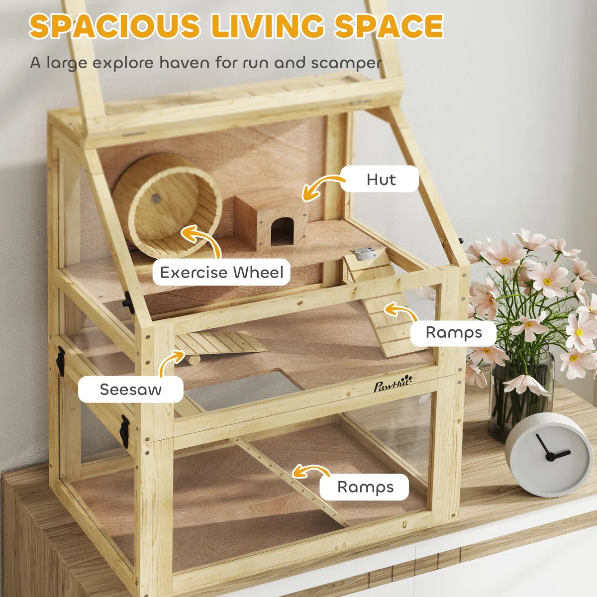 PawHut Jaula de madera para hámster, jaula de jerbo de 3 niveles con fondo desmontable de 32 cm de profundidad, cabaña, balancín, rueda de ejercicio, rampas, acabado de madera natural