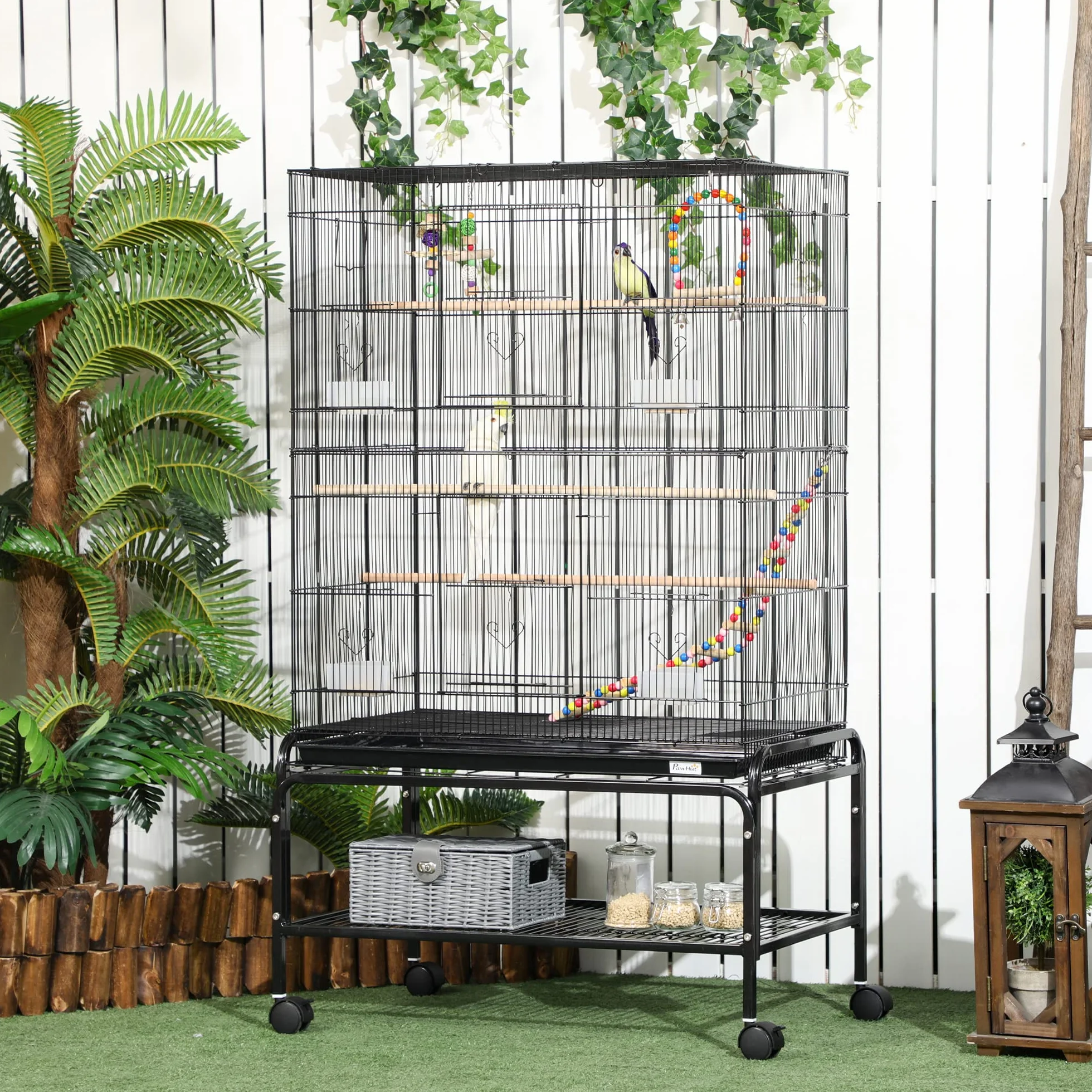PawHut Jaula para Pájaros con Ruedas Jaula Grande con Soporte Pajarera con Bandeja Extraíble Puertas Comederos Perchas Juguetes y Estante Inferior para Canarios Periquitos 79x49x133 cm Negro