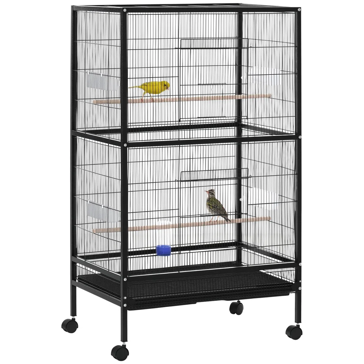PawHut Jaula para Pájaros Pajarera con 4 Ruedas 4 Puertas 4 Comederos 2 Perchas Bandeja y Bebedero para Loros Canarios Periquitos 79x52x137 cm Negro