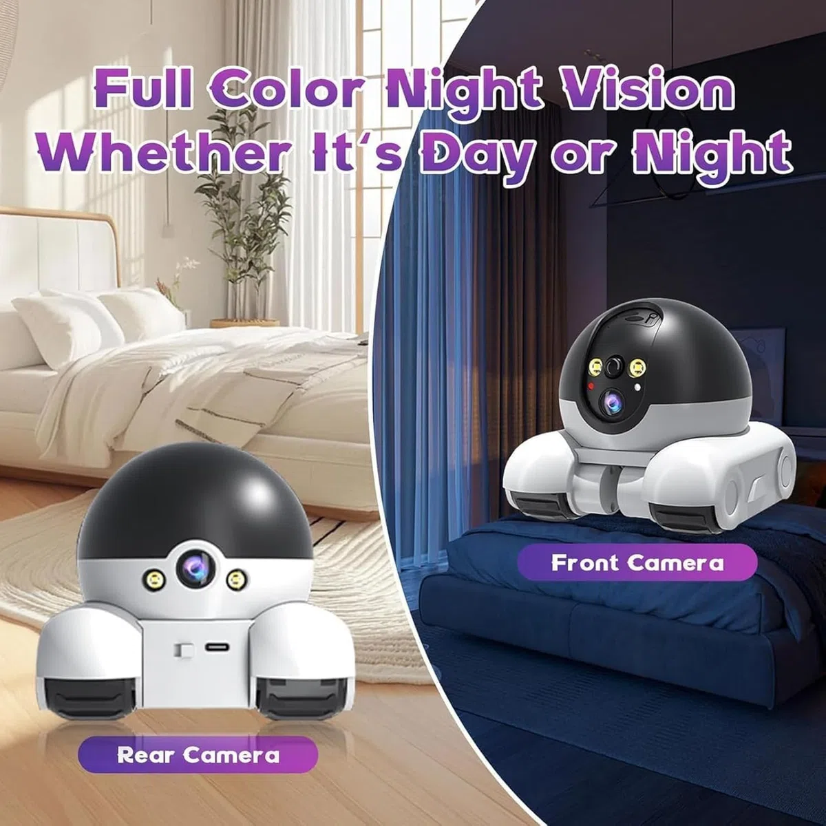 Robot de Cámara de Mascotas, Cámara de Seguridad Robot Wi-Fi Camera con Ruedas 1080P Doble Lens Control Remoto en Hogar Trabajo Mascotas