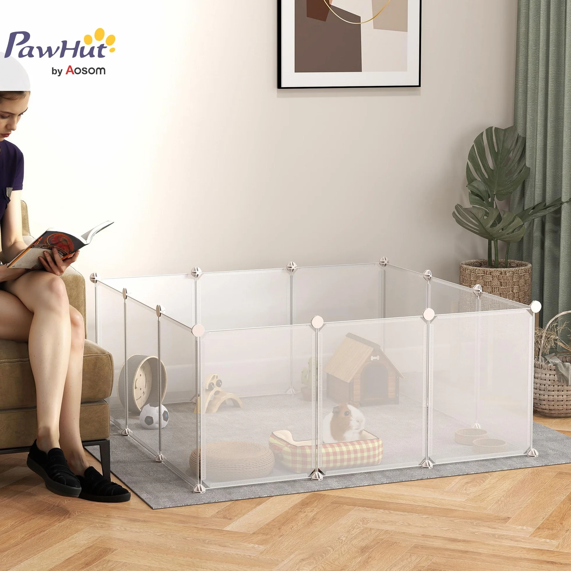 PawHut Valla para Mascotas, Jaula Modular, Recinto Interior de Plástico Transparente con 12 Paneles, 24 Conectores, para Cobayas, 105x105x45 cm, Blanco