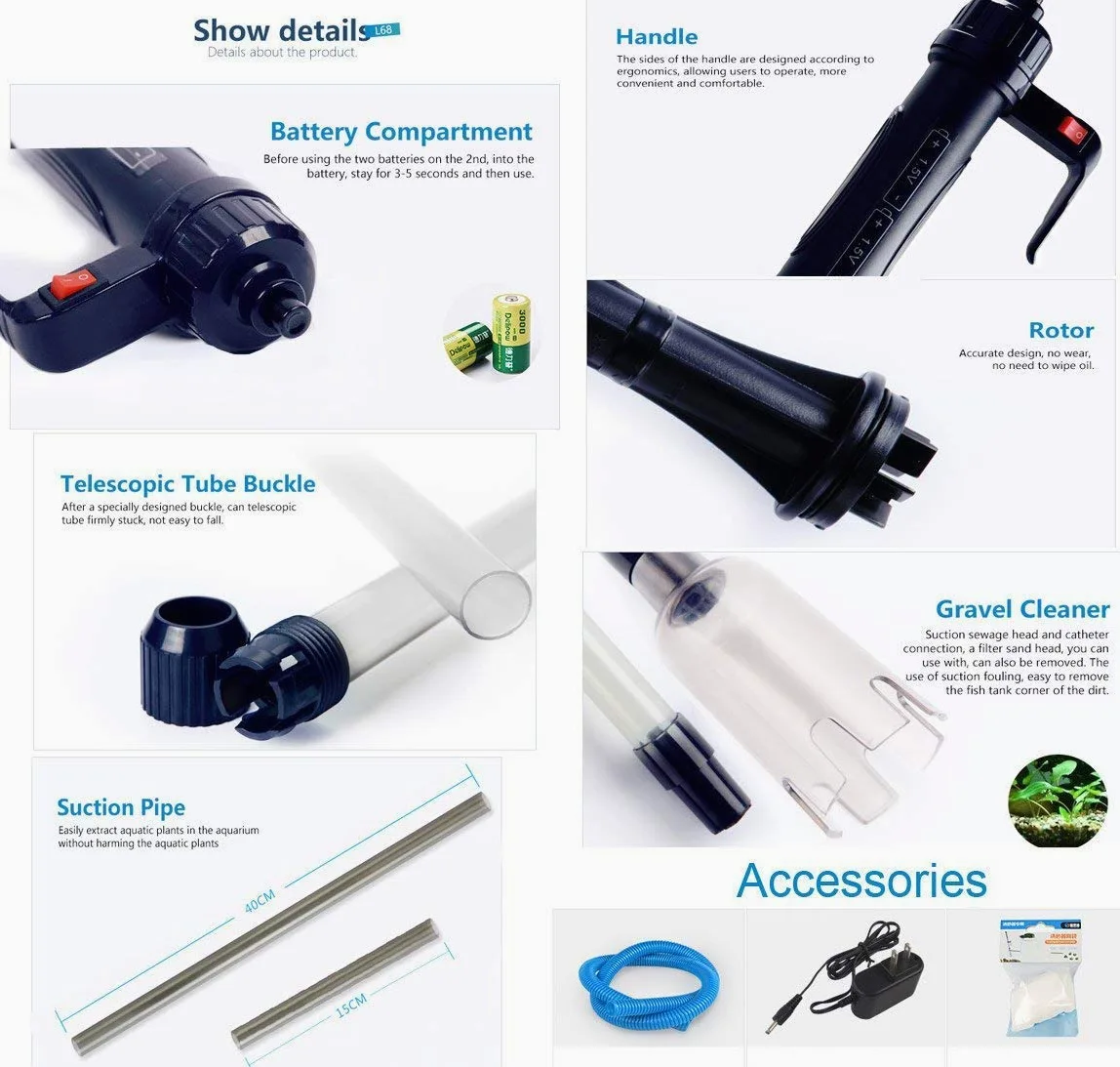 LONDAFISH Kit de limpieza de grava para acuario con batería eléctrica automática, con sifón de vacío, con adaptador