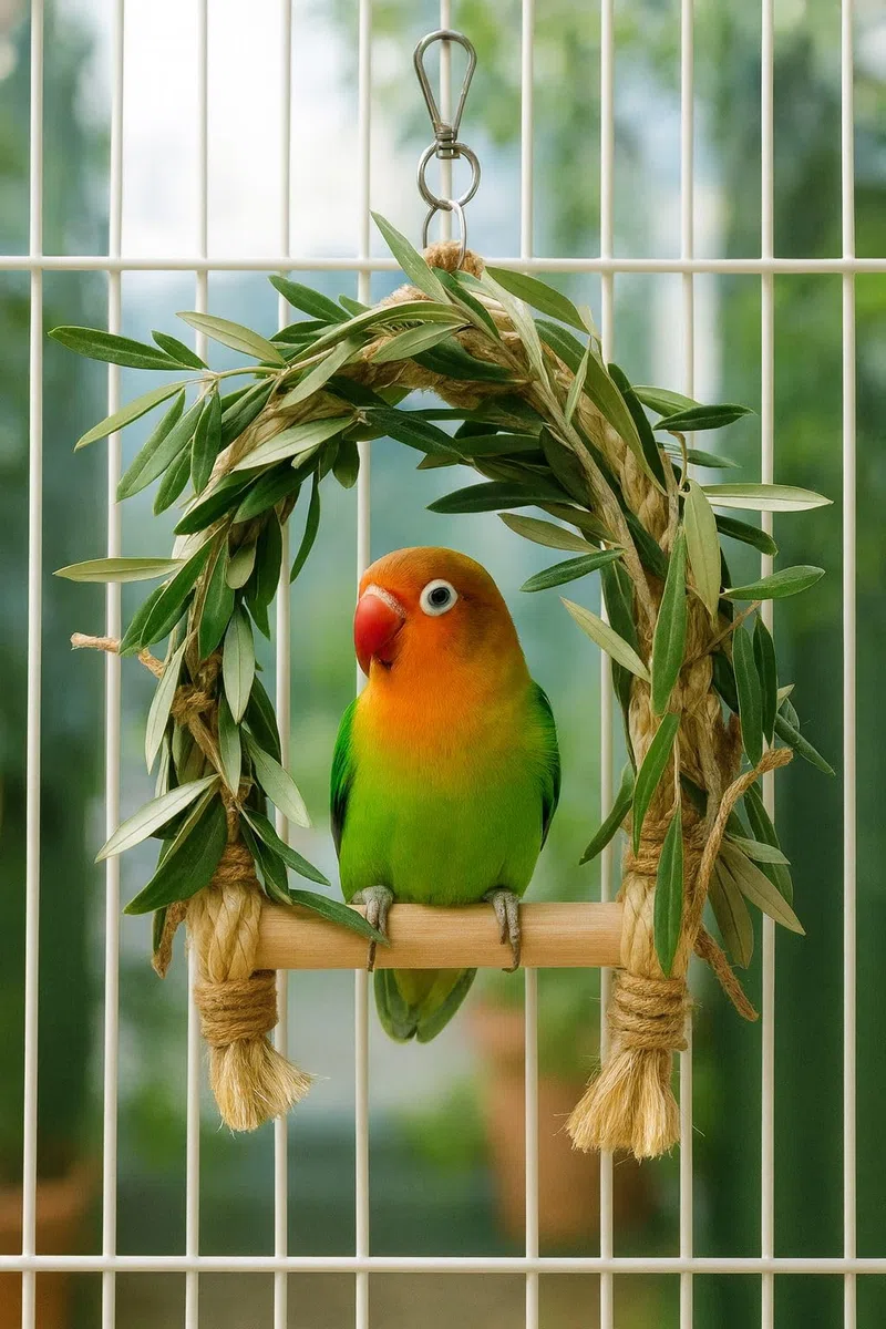 Columpio agapornis Cuerda de sisal Forrada en Olivo Fresco para Aves Exóticas Entretenimiento y descando Duradero Incluye Ramas de Olivo para Bandeja.Probado con agapornis Reales