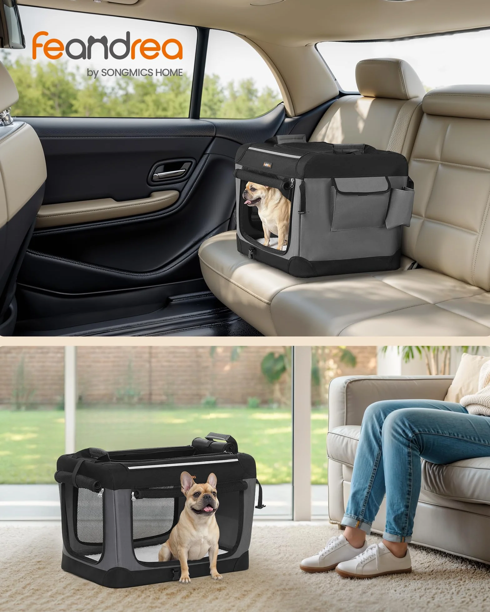 Feandrea Transportín para Perros, Plegable, 60 x 42 x 42 cm, para Perros Pequeños, Tela Oxford, Puertas de Malla, Asas y Bolsillo de Almacenamiento, Negro Tinta PDC016B01