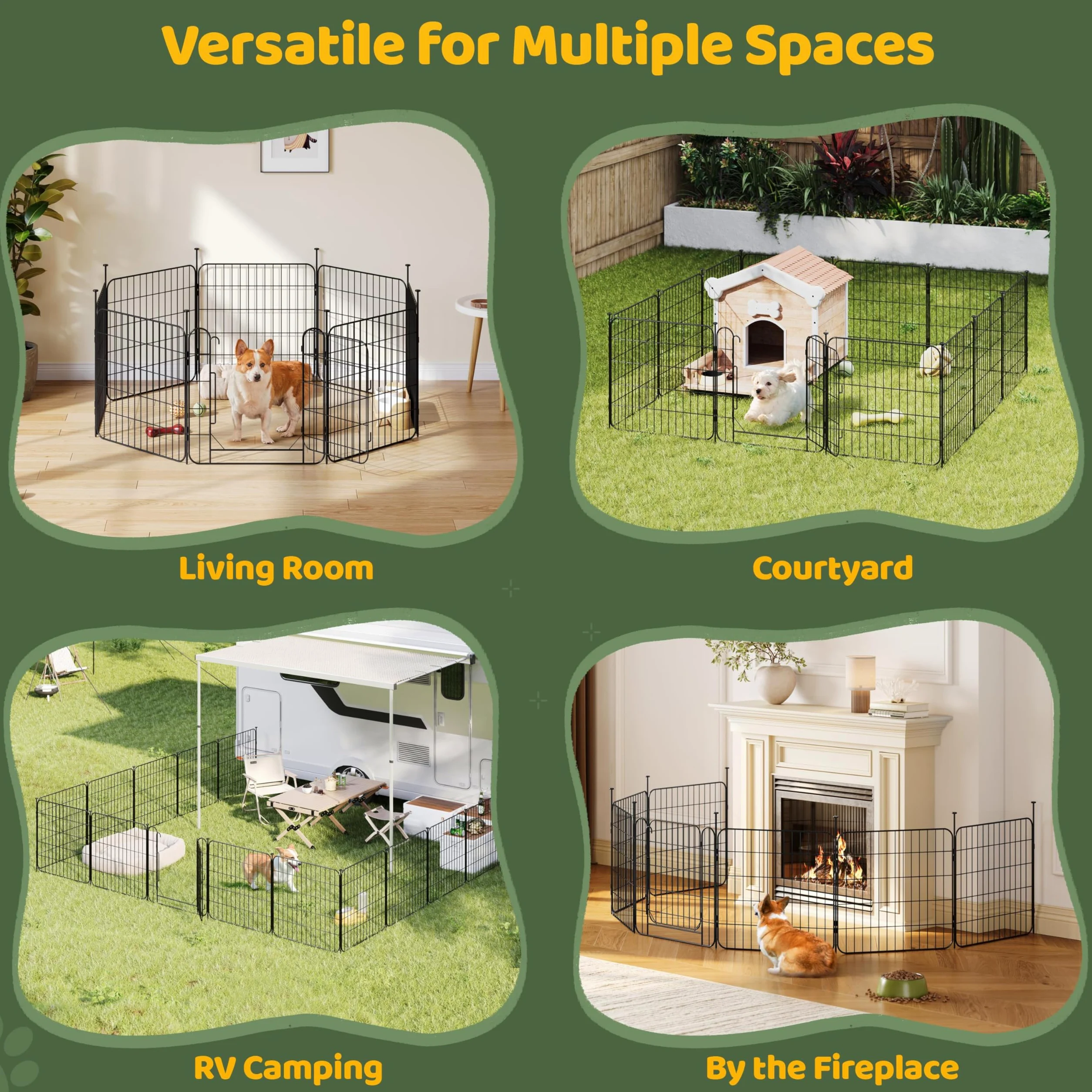Yaheetech 16 Paneles Parque para Perros 60 x 60 cm con 2 Puertas Recinto Interior Reja Plegable para Cachorros y Conejos Perreras de Metal para Exterior con Estacas, Punta Ovalada y Plana