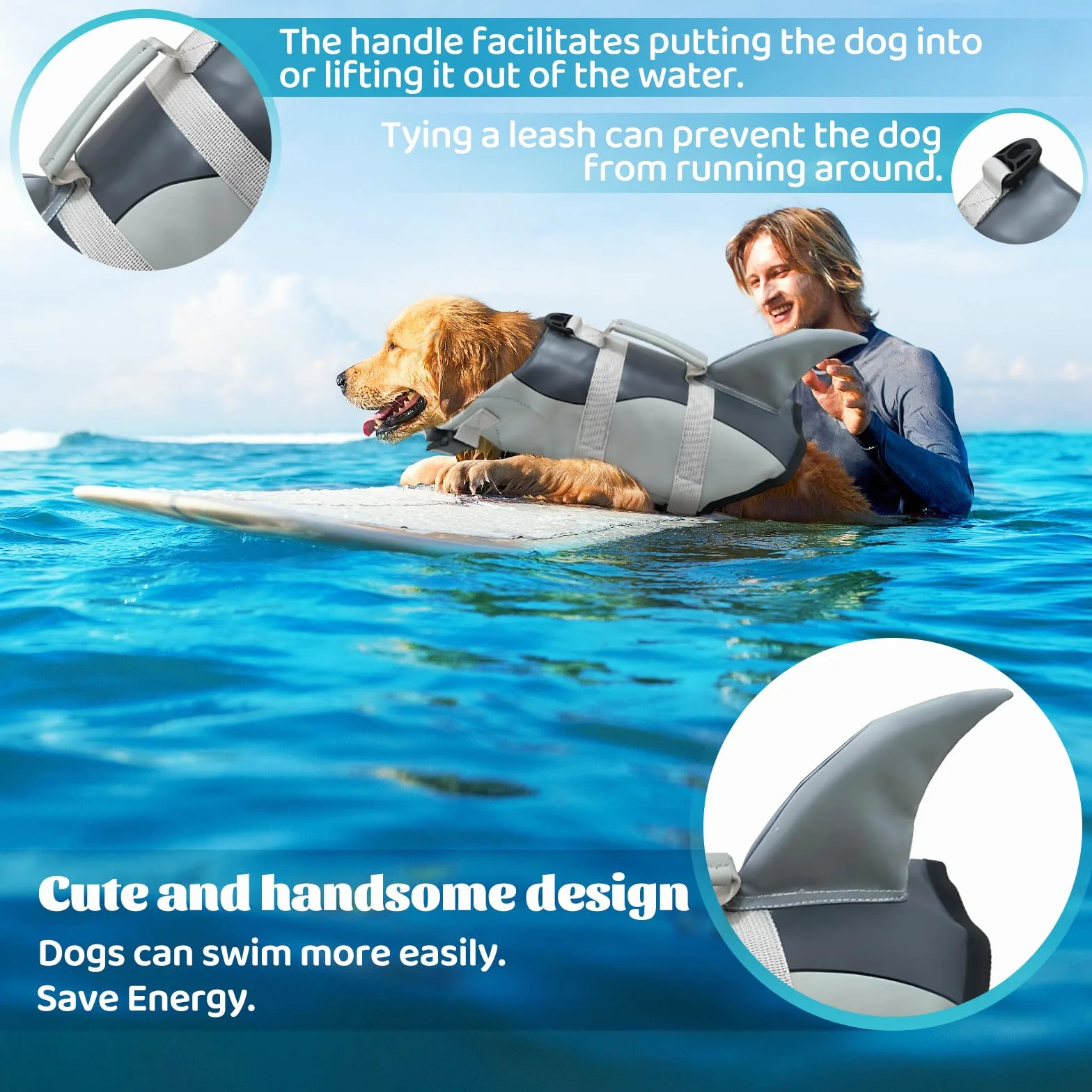 Chaleco Natación Perro, Chaleco Salvavidas Tiburones Alta Flotabilidad, Chaleco Perro Salvavidas con Asa, Chalecos Flotantes Ajustable Perros, Perros Seguridad Natación Ropa (Large)
