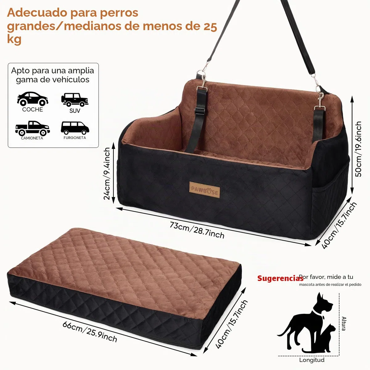 PAWBOSE Asiento de coche para perros medianos/grandes, asiento elevador de menos de 55 libras o 2 perros pequeños, relleno de cama de espuma viscoelástica, extraíble y lavable, cómodo asiento de coche