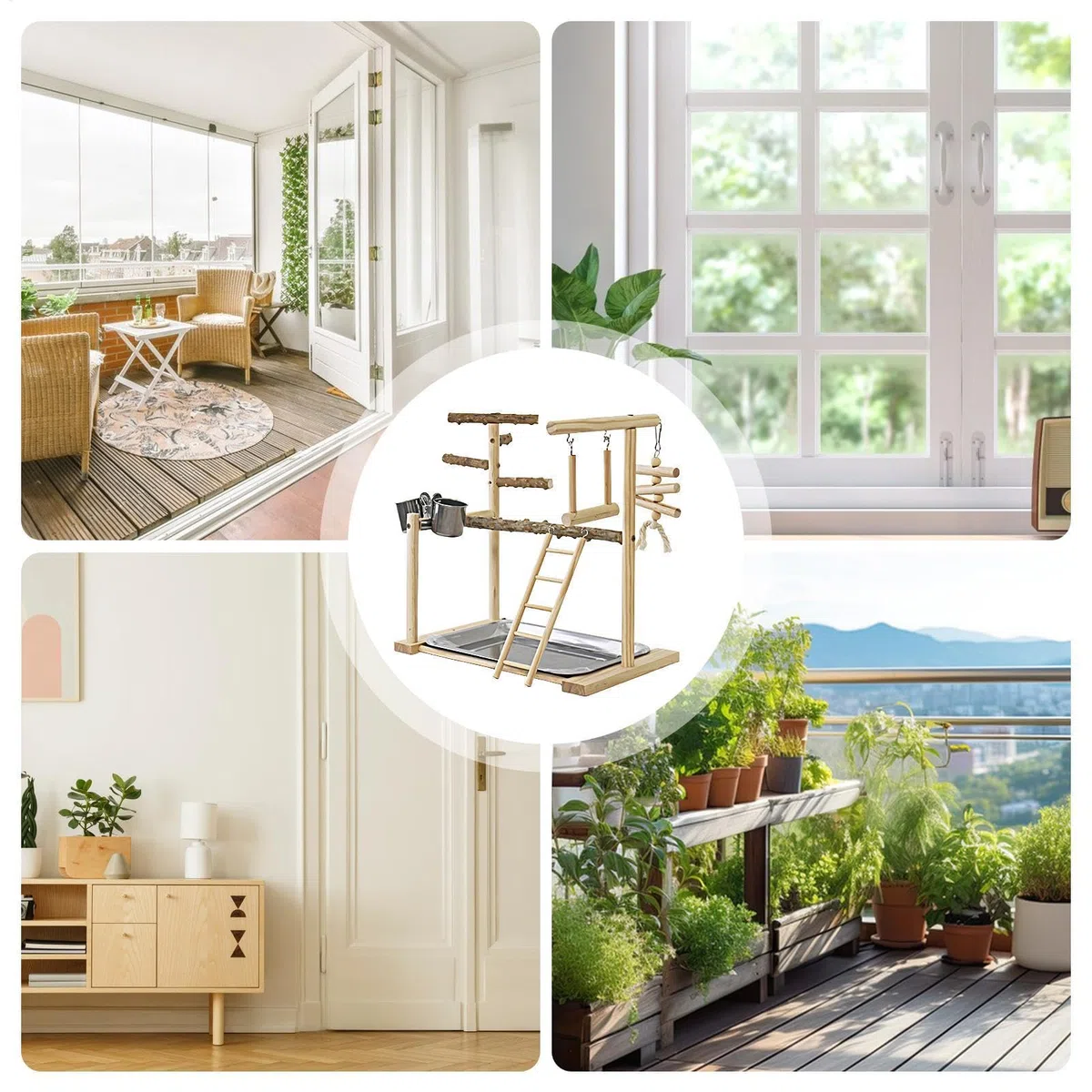 Parque de Juegos para pájaros, Loros, Soporte de Madera para pájaros, Parque de Juegos para periquitos, con Taza de alimentación y Bandeja, Juguetes para pájaros, Juguete de Ejercicio para
