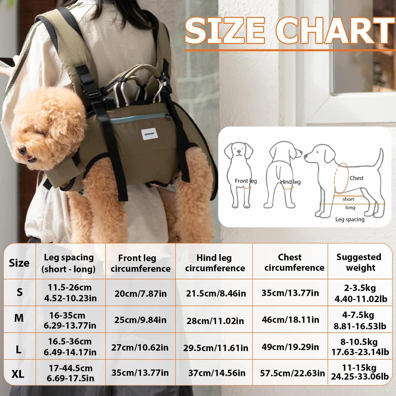 Mochila de soporte ergonómico para perros, patas horizontales hacia delante y hacia atrás, mochila convertible 3 en 1 manos libres para cachorros, hasta 15 kg (verde, XL)