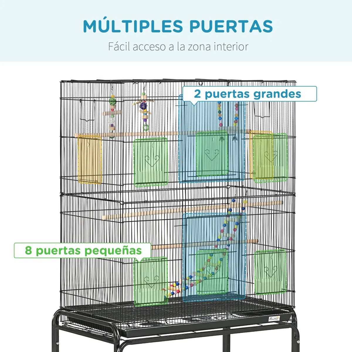 PawHut Jaula para Pájaros con Ruedas Jaula Grande con Soporte Pajarera con Bandeja Extraíble Puertas Comederos Perchas Juguetes y Estante Inferior para Canarios Periquitos 79x49x133 cm Negro