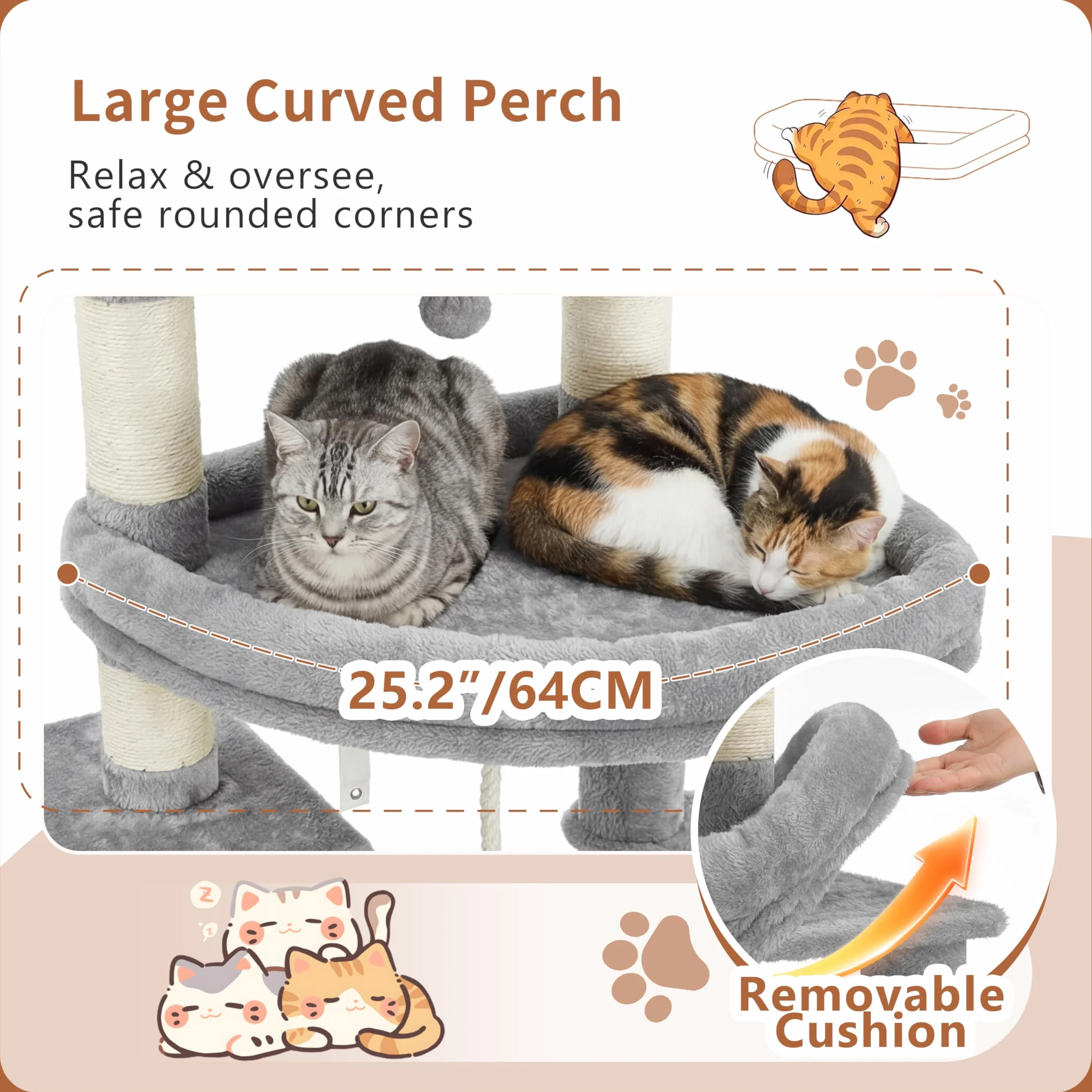 Heybly Rascador para Gatos XXL, 188 cm Árbol Rascador para Gatos Grandes, Torre de Múltiples Pisos, 3 Cuevas Escalonadas, Amplias Perchas Descanso, Postes y Tablas de Sisal, Gris Claro HCT061W