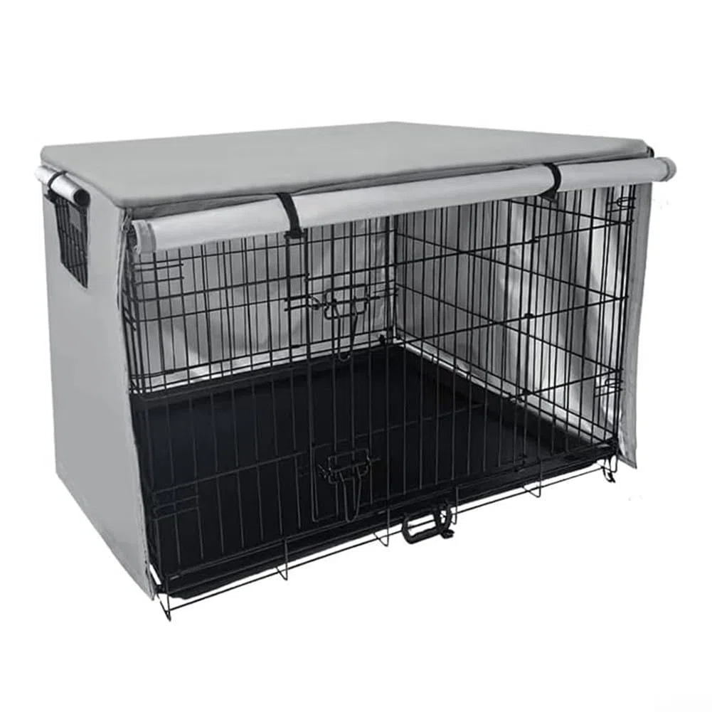 Cubierta de jaula para mascotas de tela Oxford 210D, cubierta de jardín para perro, con capa protectora de tela recubierta de PVC, para la mayoría de jaulas estándar para perros (gris, 124,5 x 79 cm)