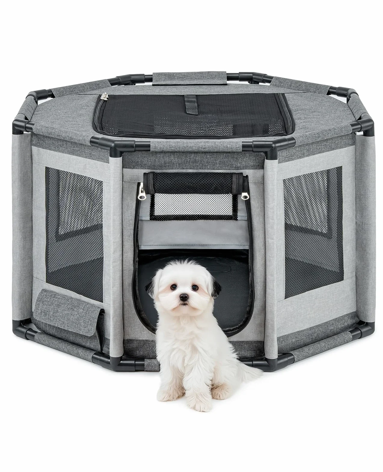lionto Parque para Perros en Tela Oxford, Malla Transpirable, con Cremallera y Bolsillo Lateral, Estructura de Tubos PVC, Jaula Octogonal para Perros y Gatos, 72x72x43 cm, Gris