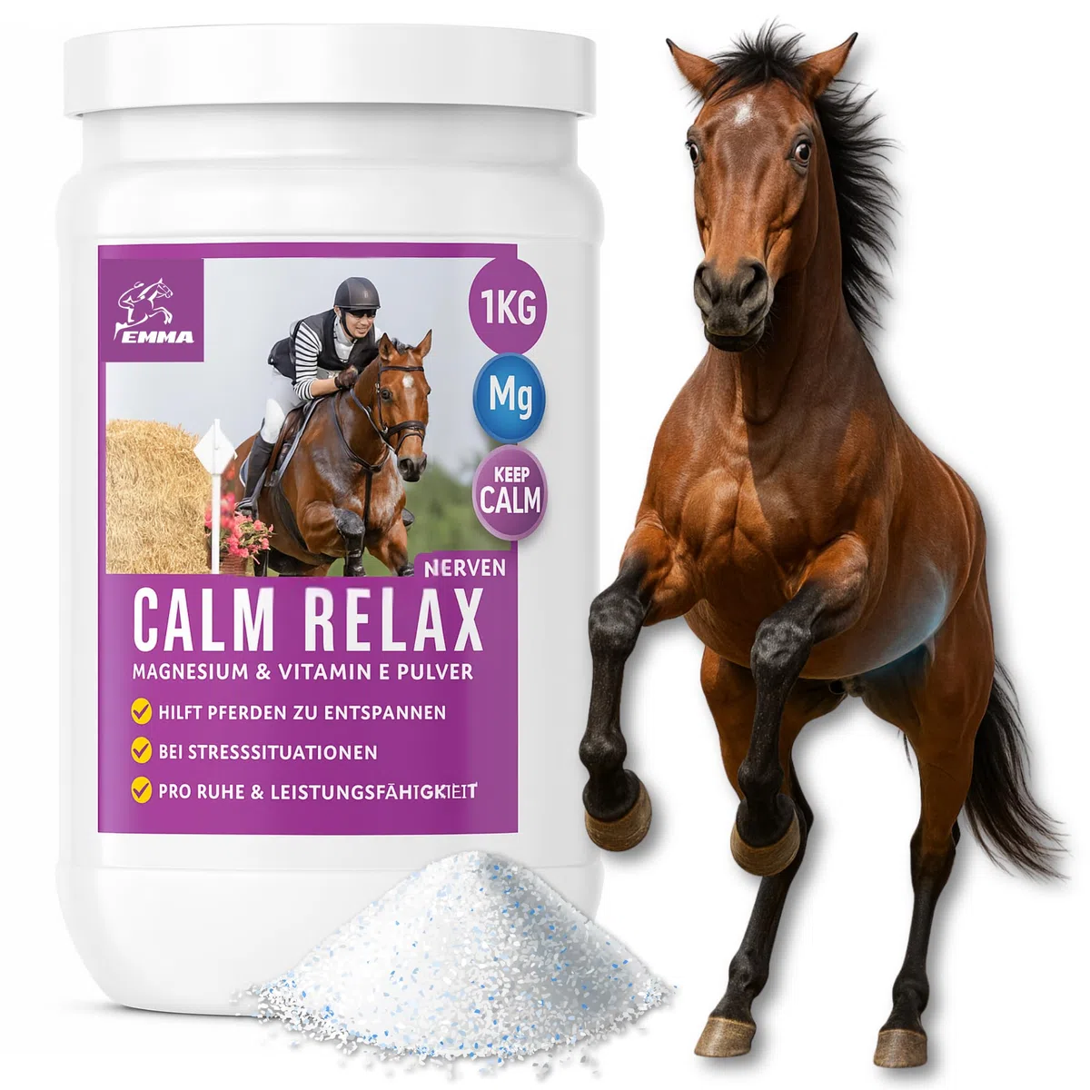 Magnesio Caballo 1Kg Calm Relax Polvo con Magnesio Vitamina E I contra la Ansiedad y el Estrés I Nervios Calmantes Caballo Nerviosismo y Reducción del Estrés para el Transporte de Caballos Nerviosos