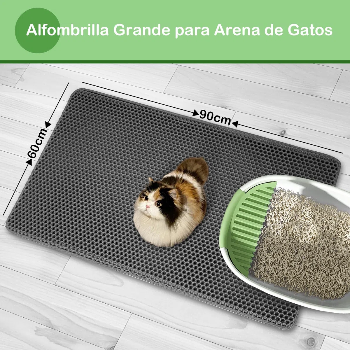 Alfombra Arenero Gato 90 x 60 cm EVA Impermeable Alfombrilla Arenero Gato, Diseño de Doble Capa en Forma de Panal Alfombra Arena Gatos, Gris