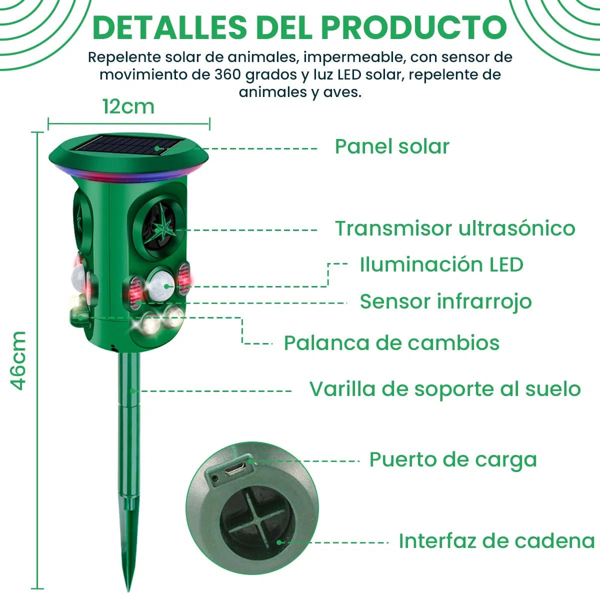 Repelente de Gatos Fleau Garden Pro - Repelente de Animales - Ultrasónico - Energía Solar - Repelente de martas - de Palomas - de plagas - Resistente al Agua