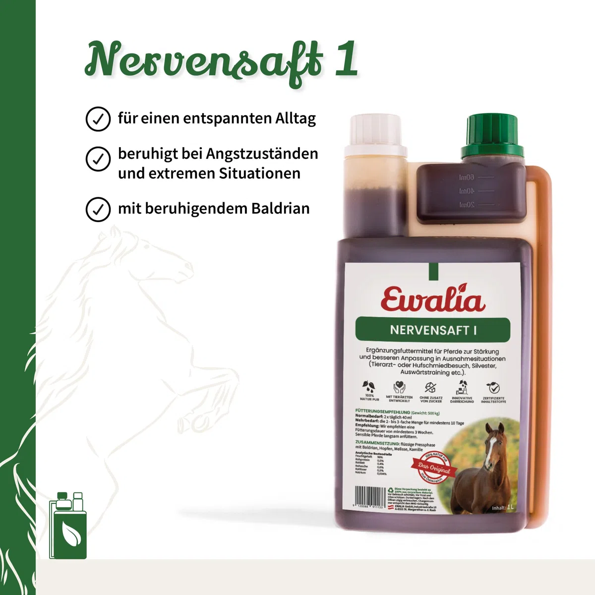 EWALIA Jugo nervioso I – Apoyo calmante para caballos en situaciones estresantes – Ayuda natural en visitas al veterinario, entrenamiento y más, desarrollado con veterinarios, 100% natural puro, 2 x 1