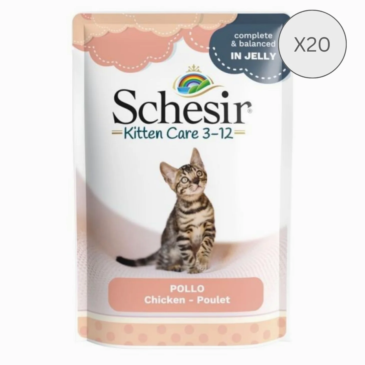 Schesir Filete de pollo Cat Jelly Kitten, alimento húmedo para gatitos en gelatina, 20 bolsas x 85 g