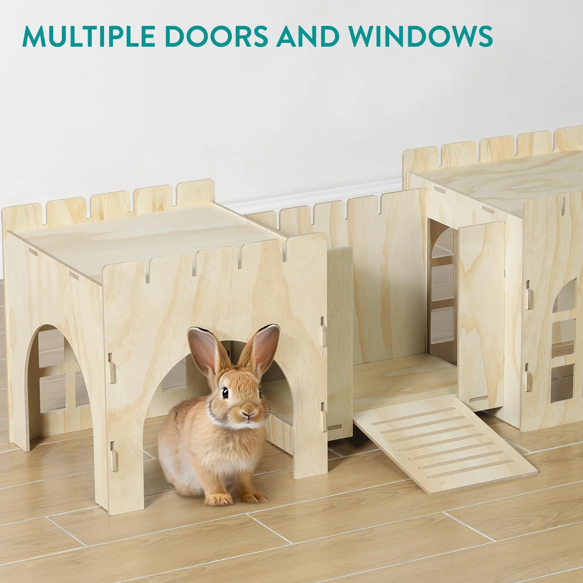 Navaris Casa para Conejos XXL - Castillo de Madera para Conejera 114 x 40 x 38,5 cm - Mansión de Juegos para Jaulas - Accesorios