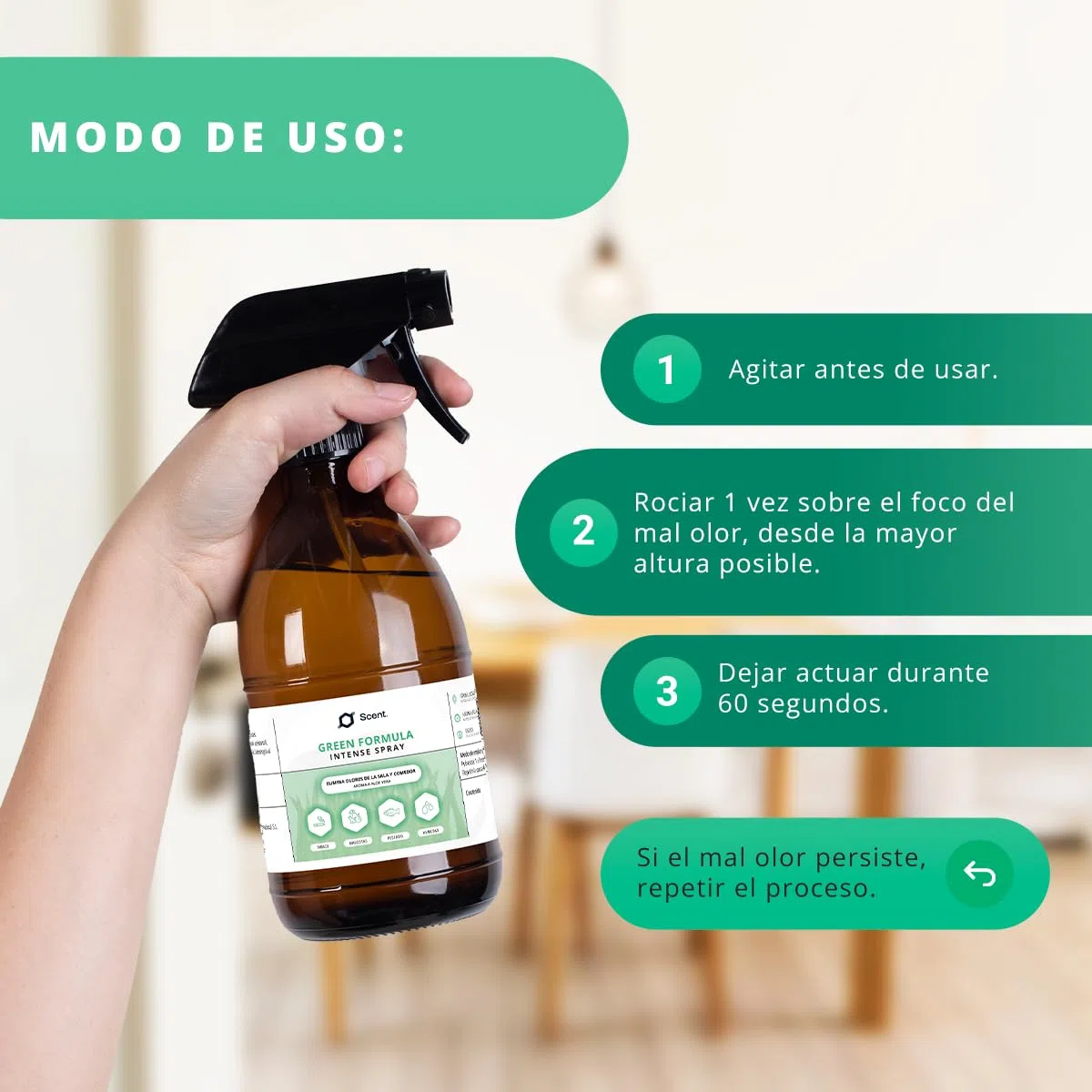 Neutralizador líquido de Olores Multiusos Spray - Fórmula Green - Ideal para eliminar el olor a humedad, mascotas, pescado, comida…, entre otros - Aroma Aloe vera - 250 ml - SCENTECHNOLOGIES