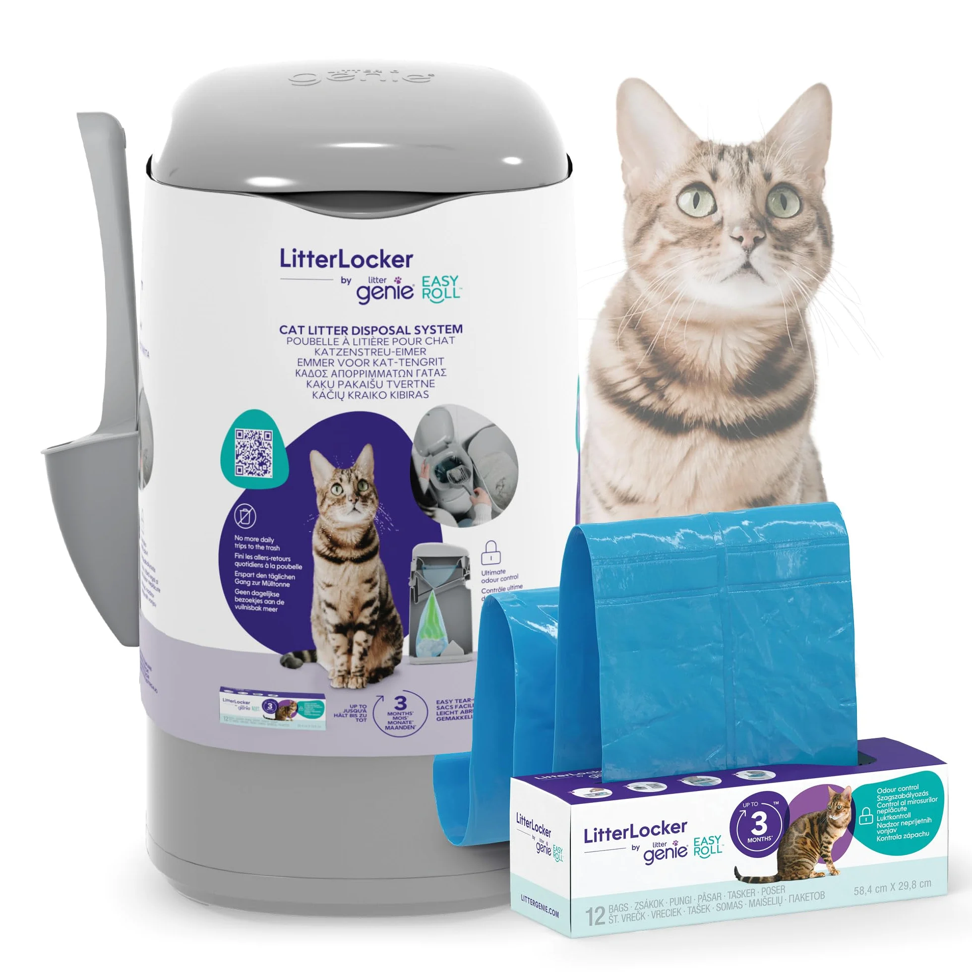 Litter Genie Easy Roll Pail, Sistema de eliminación de Arena para Gatos, Control de olores definitivo, Limpieza sin Esfuerzo, Incluye 1 Recambio con 12 Bolsas (3 Meses)