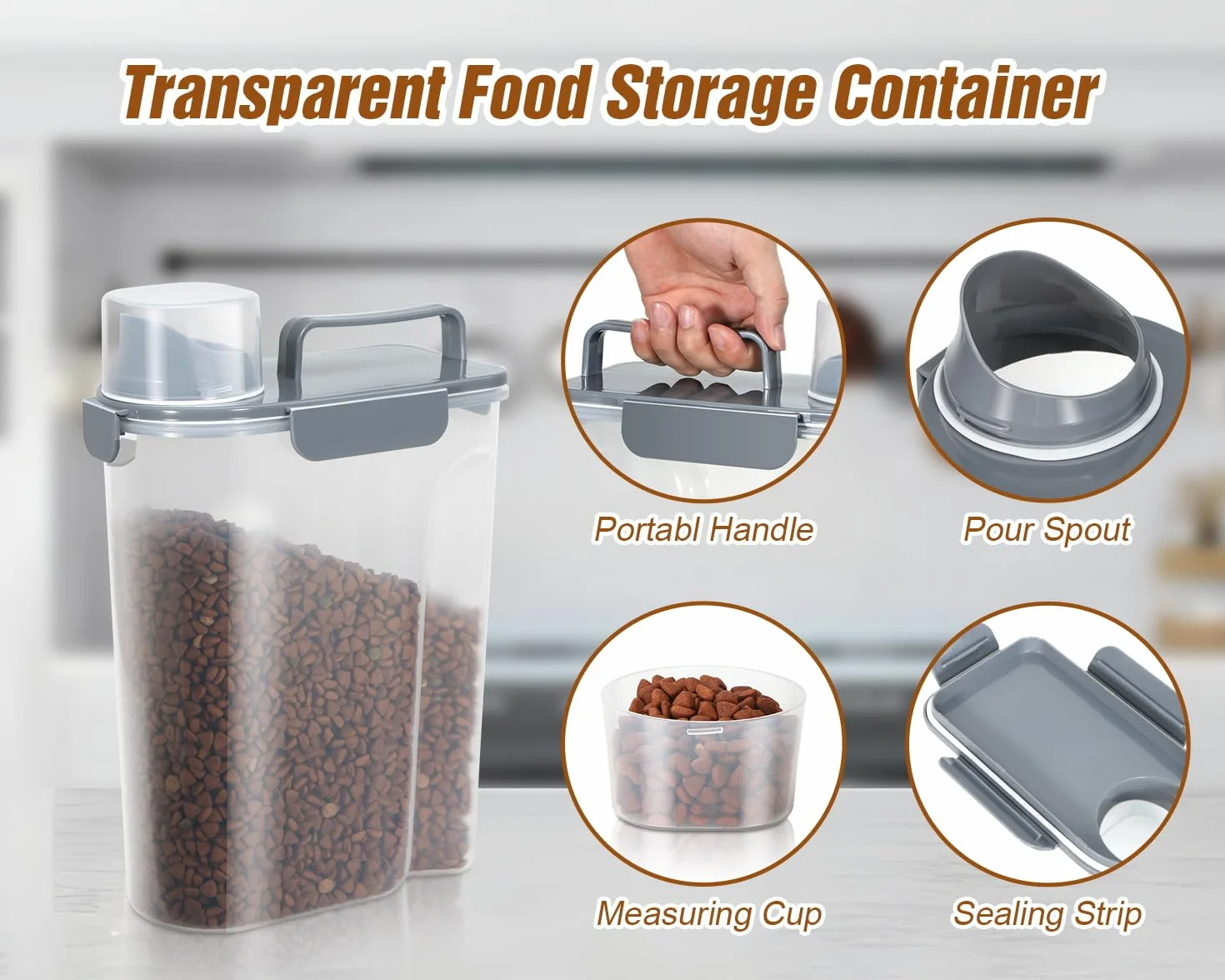 TBMax Contenedor de almacenamiento de alimentos para gatos de 5 litros con tapa, recipiente portátil para alimentos para mascotas con boquilla grande y taza medidora, recipiente hermético para