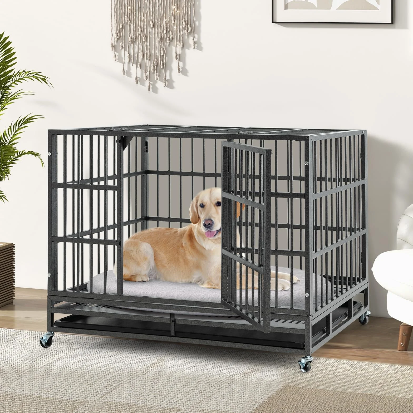 GOPLUS - Jaula para perros plegable de metal con ruedas cerradas, doble puertas cerradas, bandeja extraíble para perros grandes y medianos (48 pulgadas)