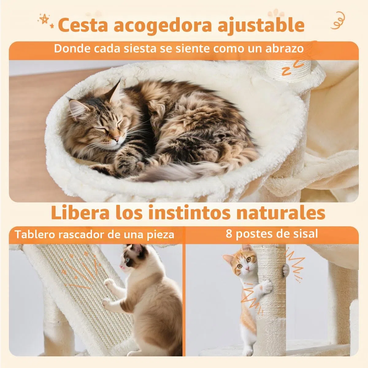 TaoqimiaoRascador para Gatos Grandes, 180CM Estable Arbol Rascador para Gatos com Cuevas, Cesta, Hamaca, Postes, MS026LM Beige