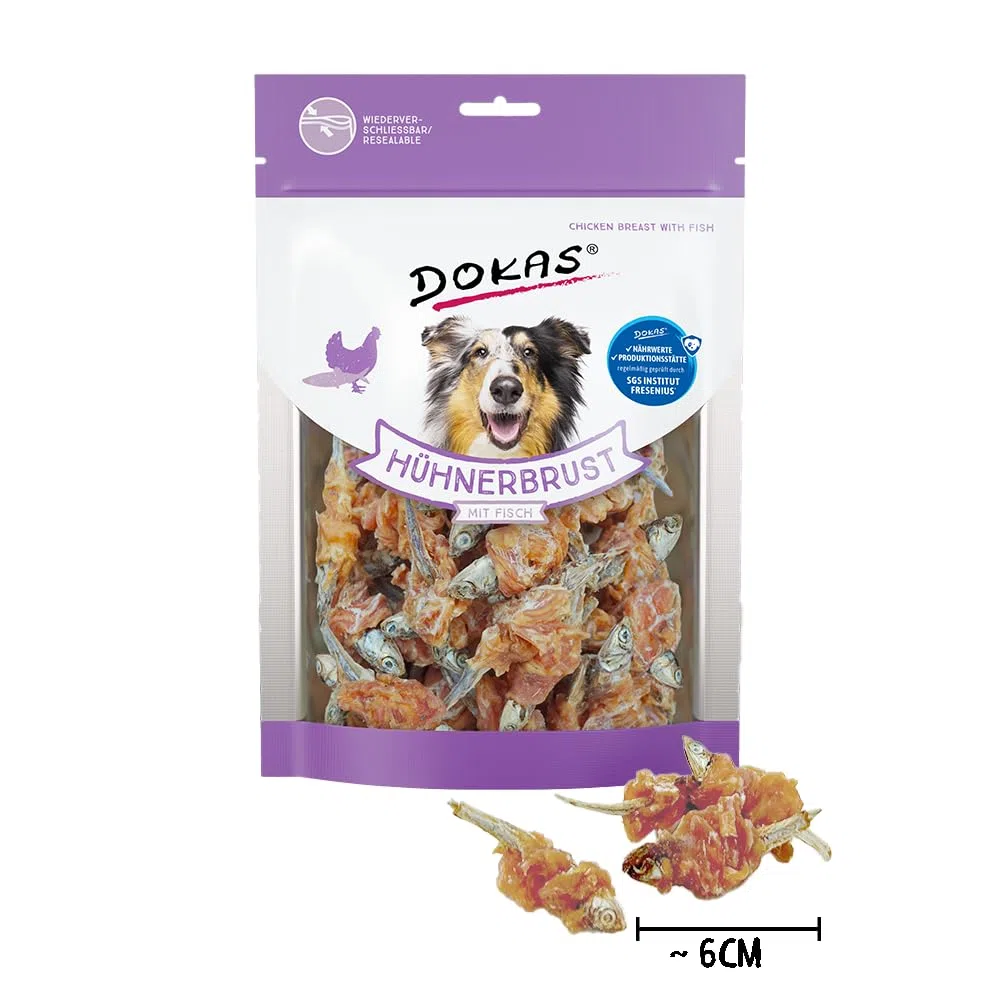 DOKAS - Snack prémium sin Cereales con Pollo, pez para Perros - Ideal para Entretiempo
