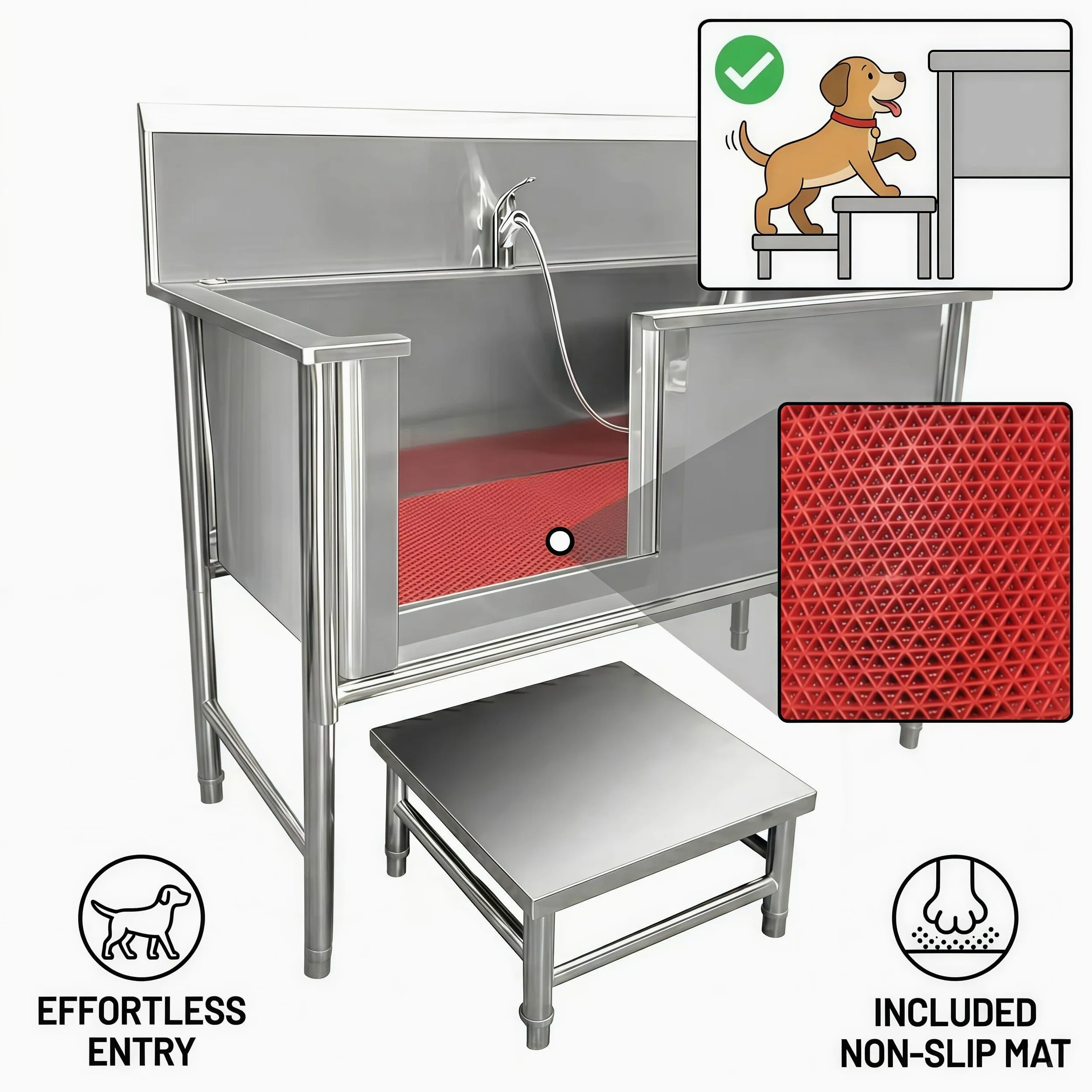 Estación de Lavado para Perros de Acero Inoxidable, Bañera Para Aseo de Mascotas Profesional con Puerta Corredera Izquierda y Rampa, Grifo Extensible, Orificio de Drenaje con Filtro 100/120cm (100cm)