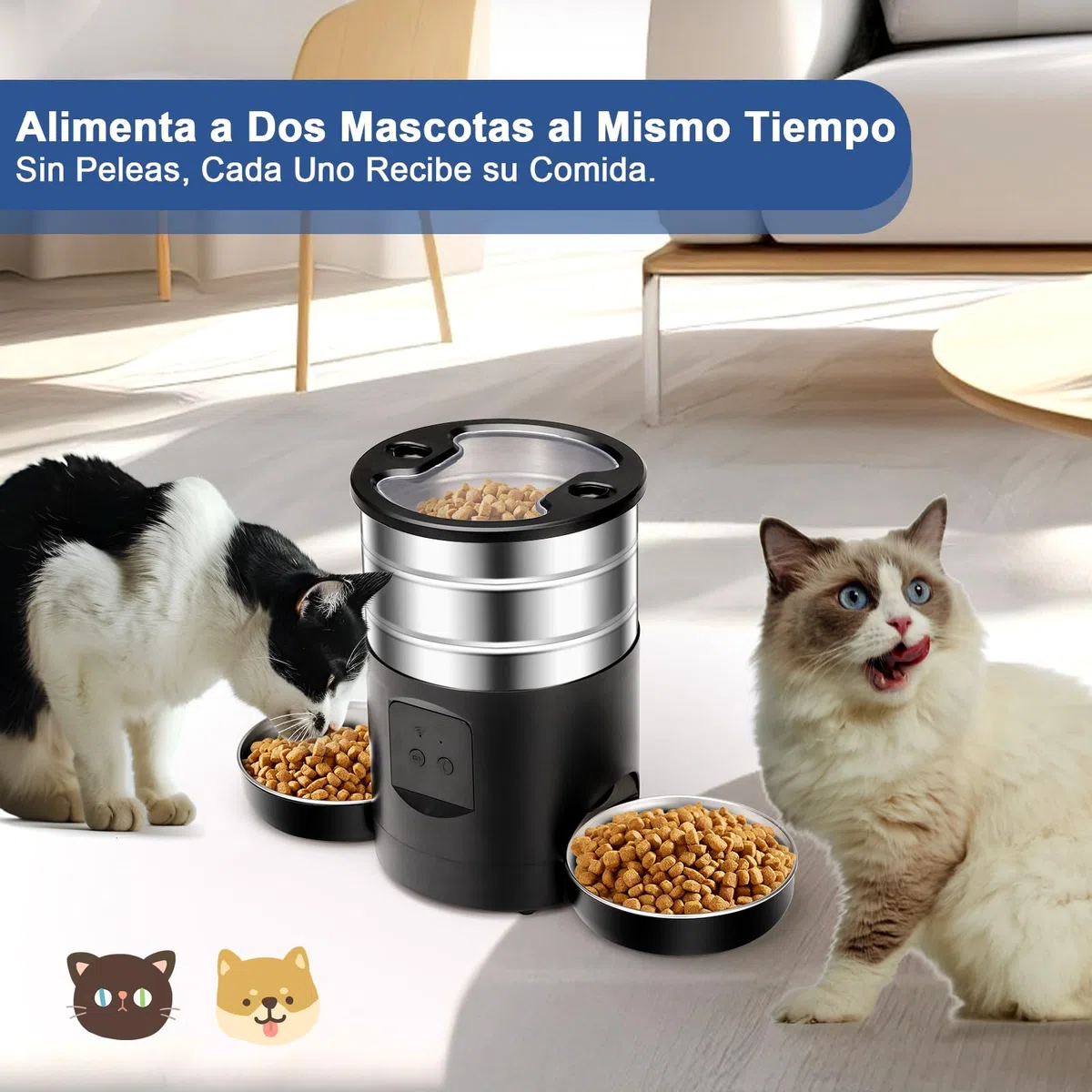 5L Comedero Gato Automatico 2 Tazones para Gatos Perros, 2.4G WiFi Acero Inoxidable Diseño Antiobstrucción Temporizador 24h 10 Comidas por Día 1-40 Porciones, Dispensador Automatico Perro Gato