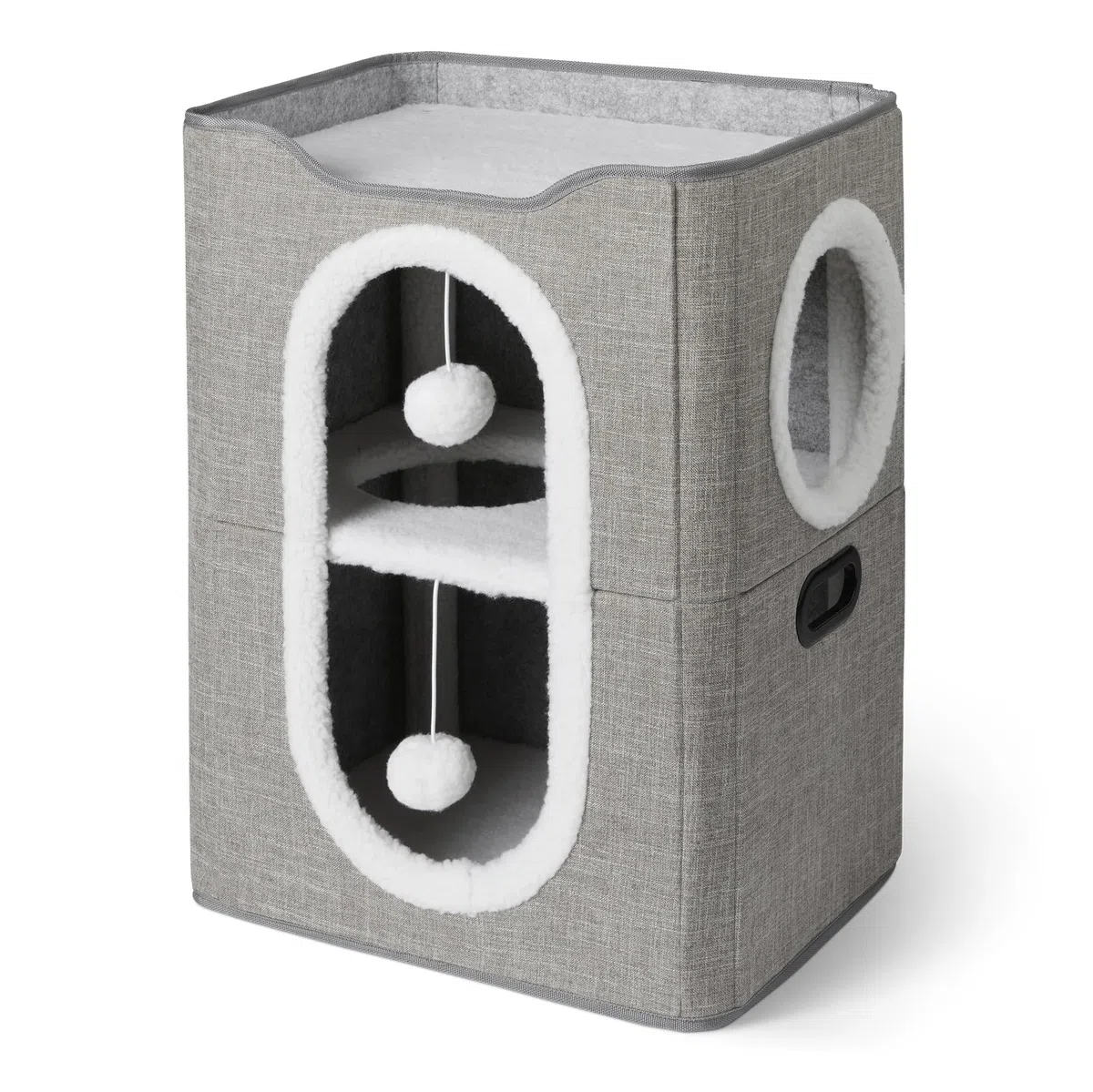 Amazon Basics Casa para Gatos de 2 Pisos para Gatos de Interior, Cueva Cubierta para Gatos con Rascador y Bola Esponjosa, Casas Plegables en Forma de Cubo para Gatos, 43,2 x 35,6 x 57,2 cm, Gris