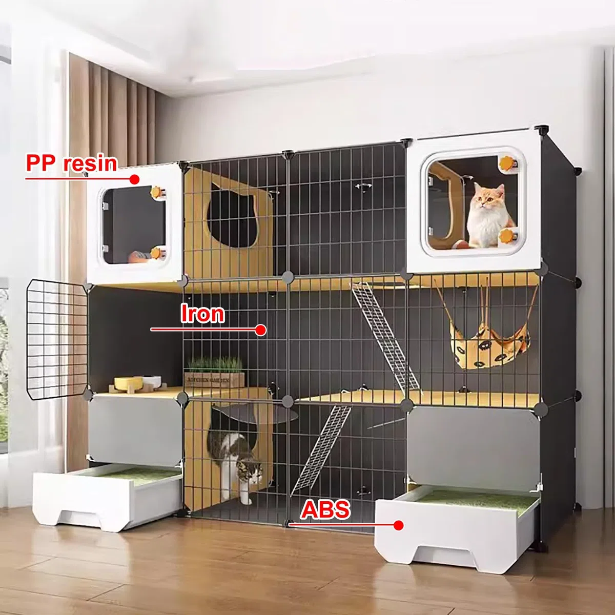 Jaula Grande para Gatos, Jaula para Gatos de 3 Niveles para Interiores con 2 Cajas de Arena, Recinto para Gatos, Perrera para Gatos de Interior, Villa para Gatos, para 2-4 Gatos