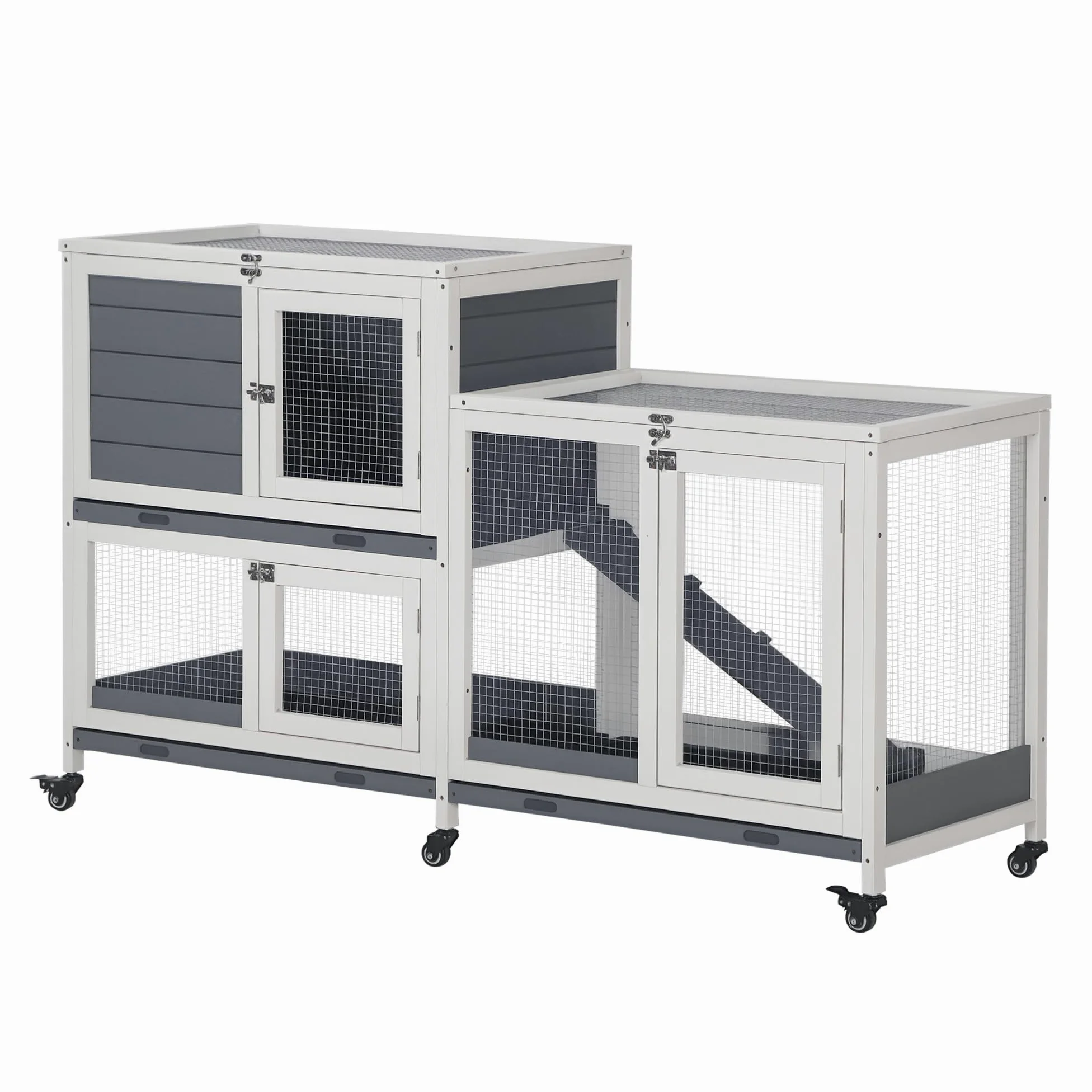 PawHut Conejera de Madera con Ruedas 147x45,5x88,5 cm Jaula para Conejos de 2 Niveles con Techo Abrible 2 Corrales de Metal 3 Bandejas Extraíbles 3 Puertas con Pestillo y Rampa Gris