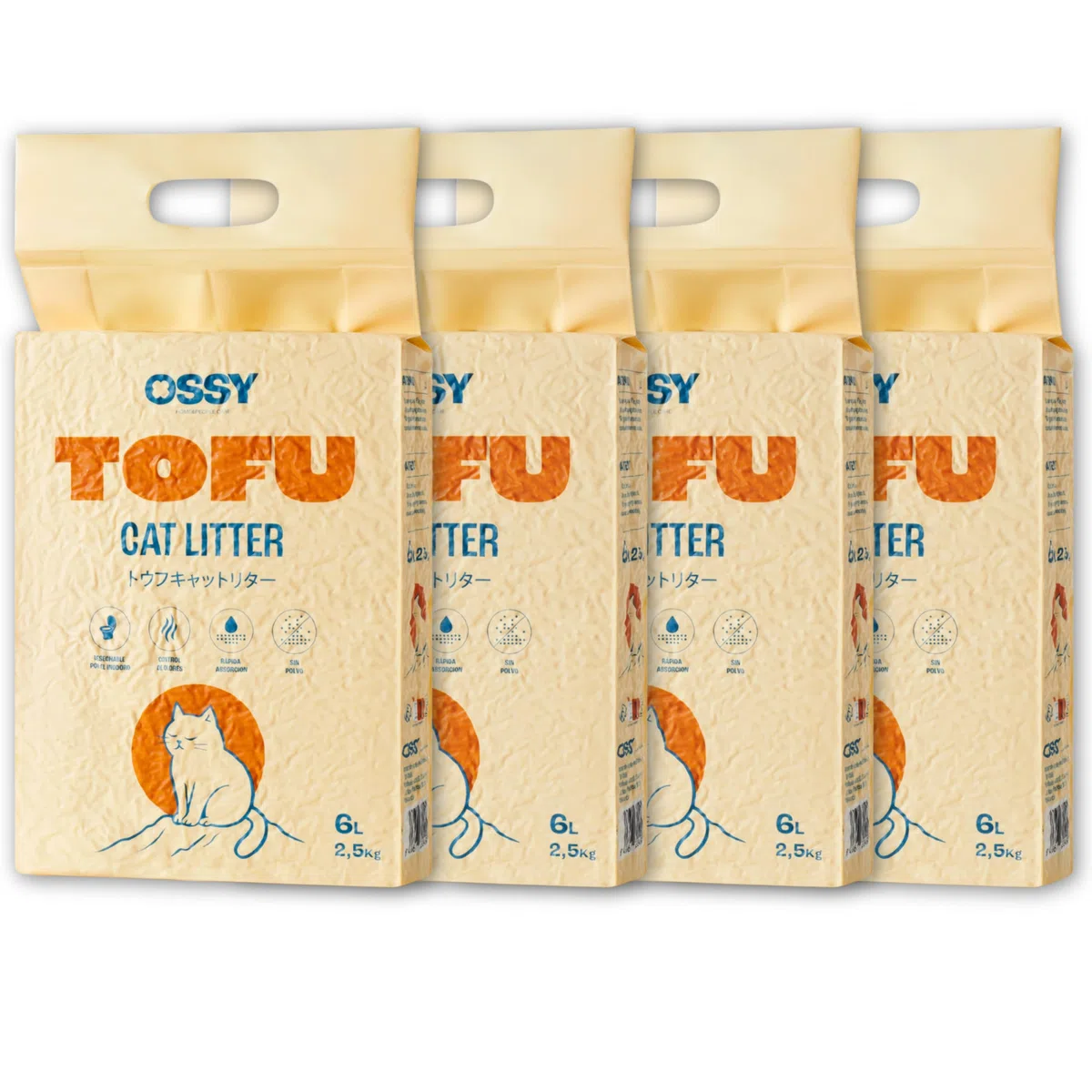 Arena de Tofu para Gatos OSSY X4 10Kg 24L Arena Super Aglomerante Desechable por WC Sin químicos Sin Fragancias Artificiales Libre de Polvo 5 Etapas de Filtrado Control Olores Natural.