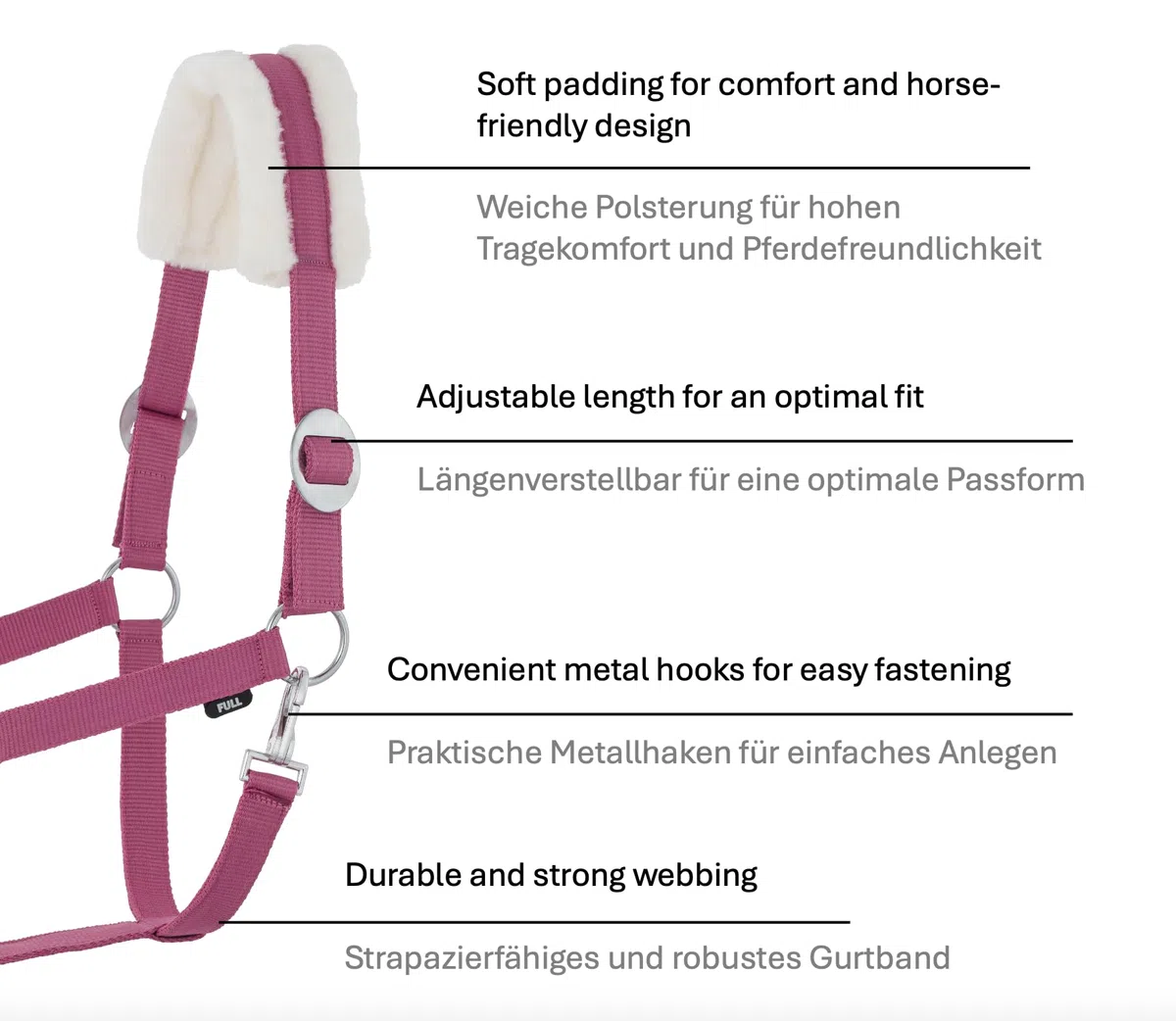 JA4004 - Cabestro de piel sintética con gancho de pánico ajustable, cabestro para caballo, caballo de madera, cuerda de amarre (pelo sintético rosa, pony)