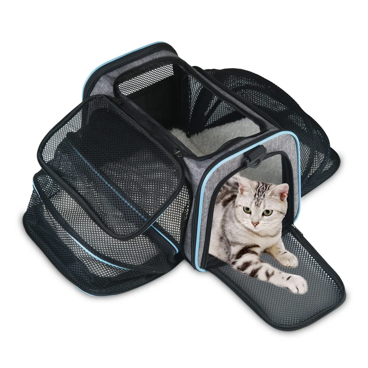 Transportín Gato Perro Extensible，Bolsa de Transporte para Mascotas Plegable Transpirable，con Colchón Suave y Hebilla de Seguridad para Coche Avión Viaje Tren-Gris
