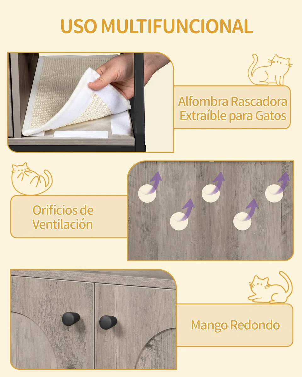 Hzuaneri Armario para Gatos, Moderna Casa para Gatos 4 en 1 con Plataforma Grande, Mueble Arenero Gato con Alfombrilla para Arañar, Postes, Escaleras y Pompón, Cojines Lavables, Greige CB81005B