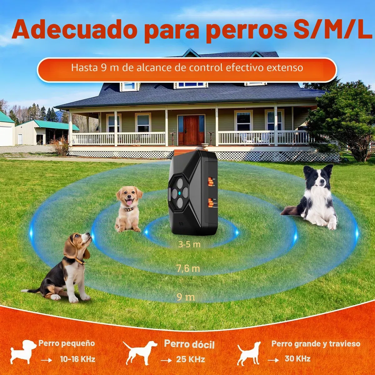 WUGEIN Ahuyentador de Perros Ultrasonidos,3 Frecuencias antiladridos,USB Recargable,Dispositivo Impermeable automático antiladridos Interior Exterior para Perros Pequeño Mediano Grande,33FT Alcance